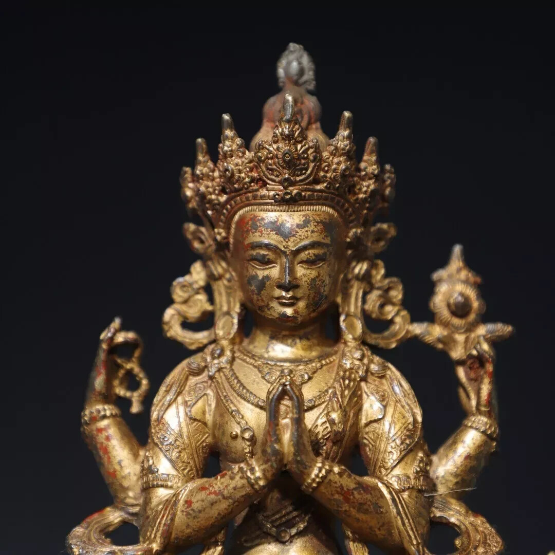 Fengshui old chinese copper Bronze mud gold [Four armed Guanyin] Buddha statue