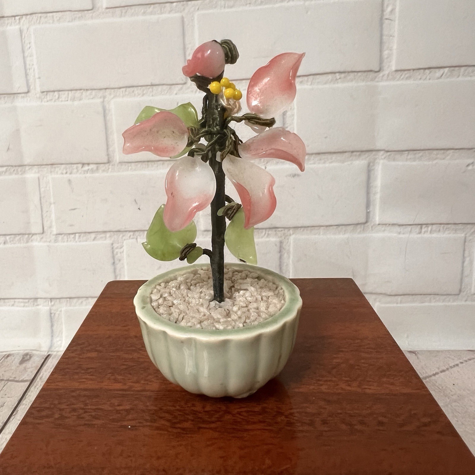 Vintage Jade Glass Bonsai Tree pink Flower Rose Quartz Celadon Pot small 4”