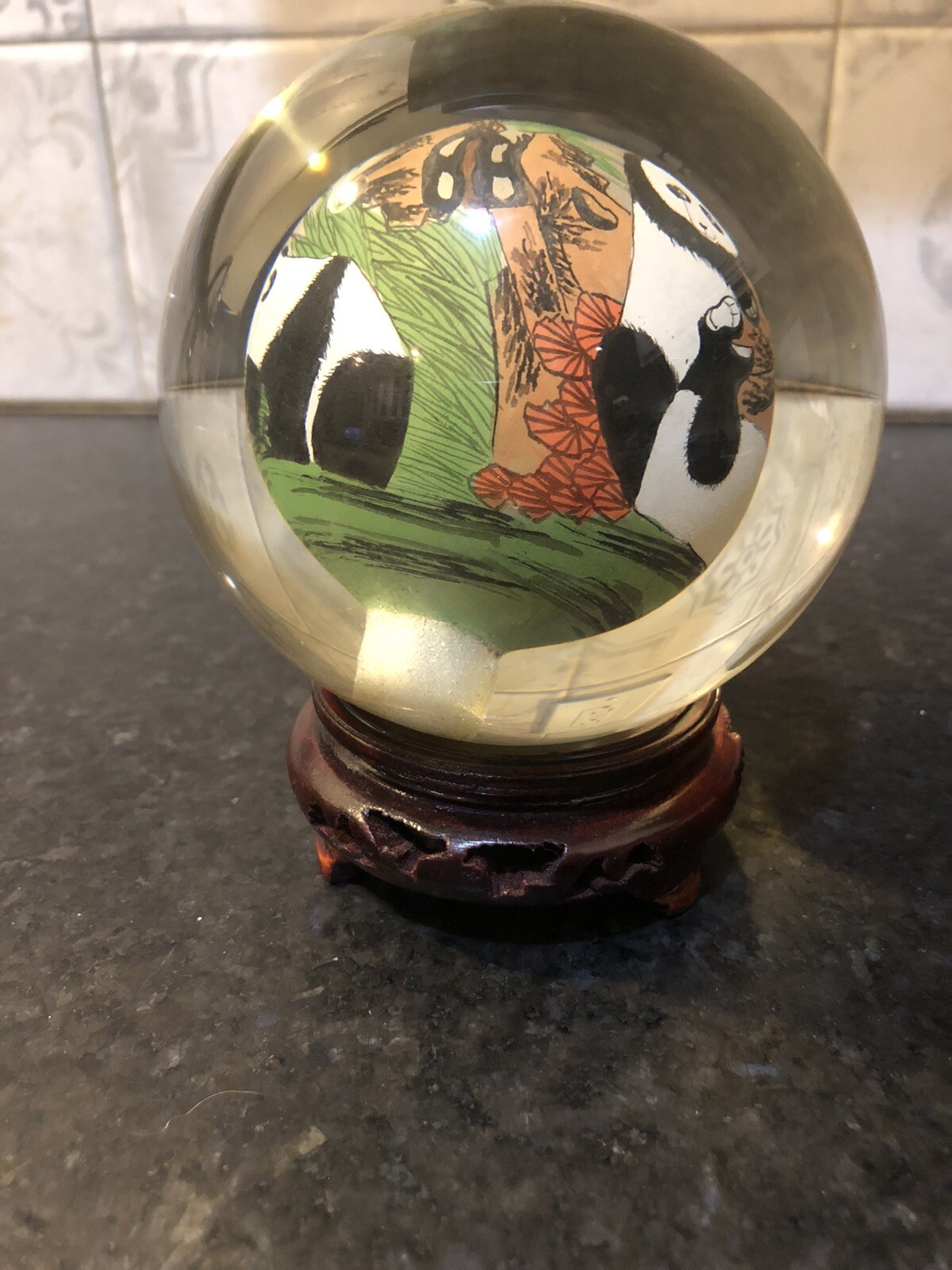Chinese Glass Ball Sphere Reverse Hand Painted Pandas