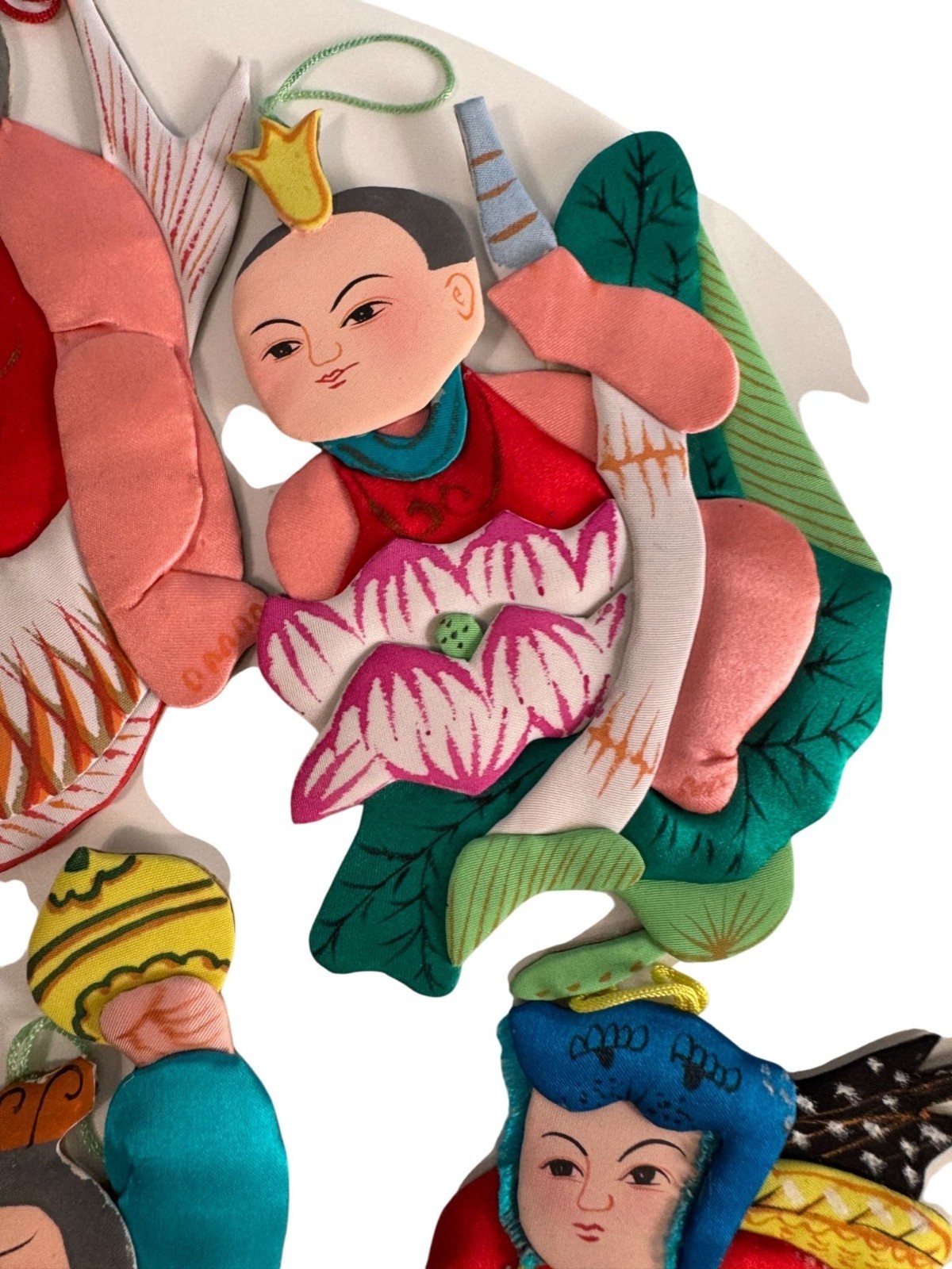 Set Of 6 Vintage Chinese Silk & Cardboard Ornaments Folk Figures 6″ No Box