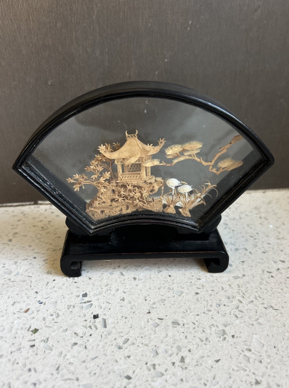 VTG CHINESE 3-D CORK ART MINI SAN YOU DIORAMA – Pagoda, Cranes &Trees
