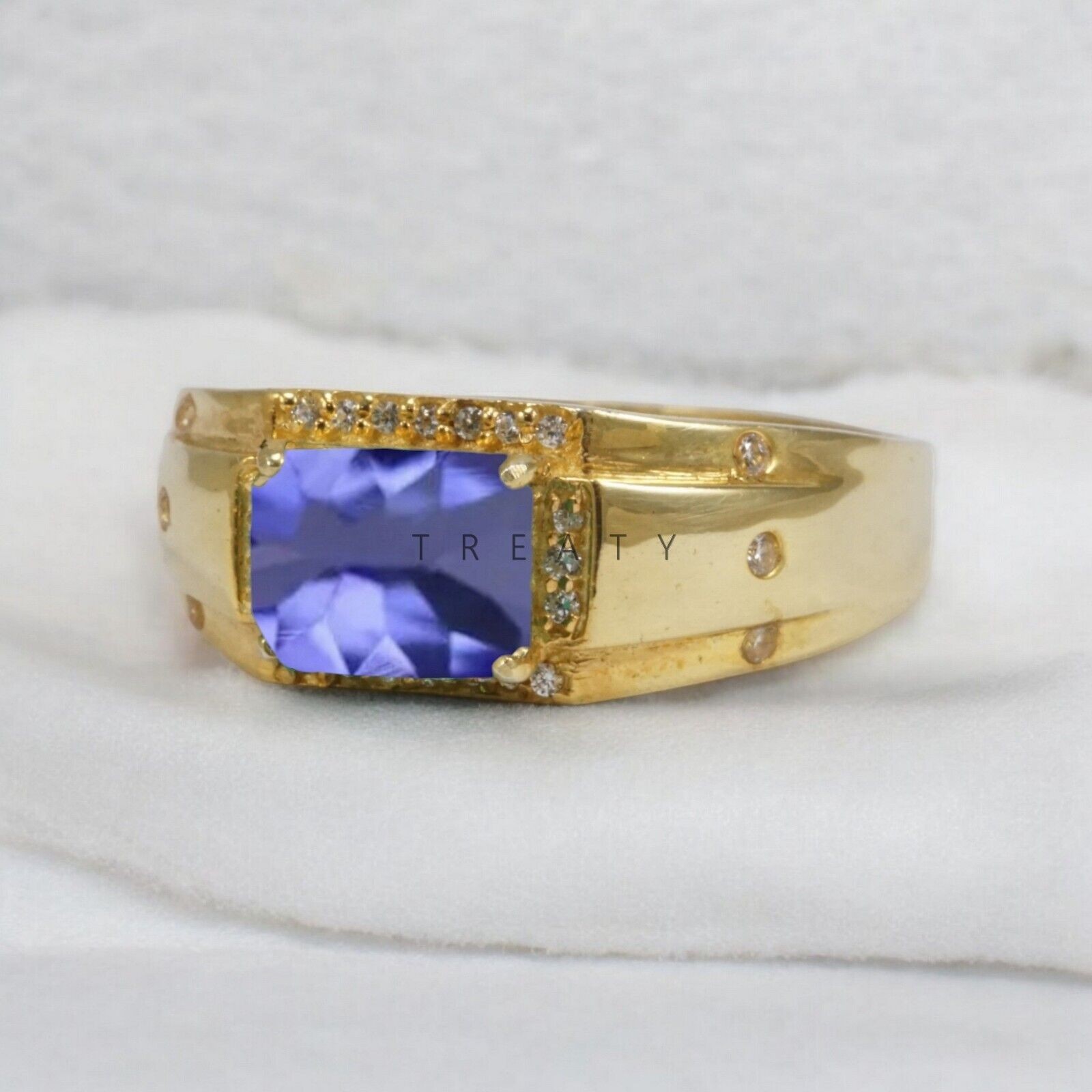 Tanzanite Emerald Cut With 14k Yellow Gold Ring For Men’s #A127