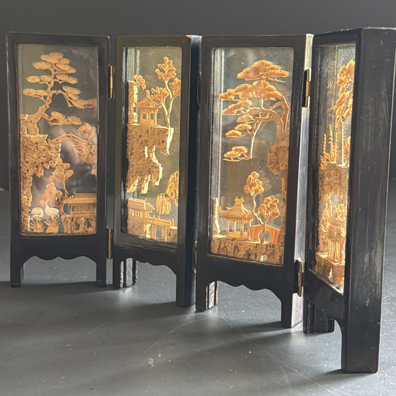 Vtg Chinese Cork Art Screen Folding 4 Panel Glass Pagoda Cranes Black Lacquer