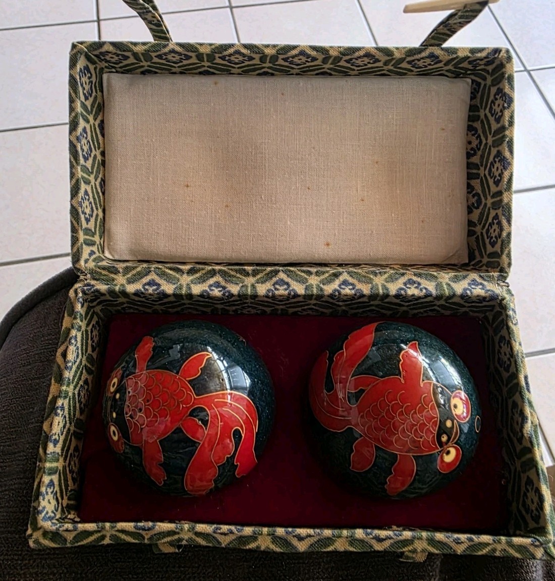Vintage Chinese Baoding Health Medicine Musical Balls w/Box Koi Fish Shouxing