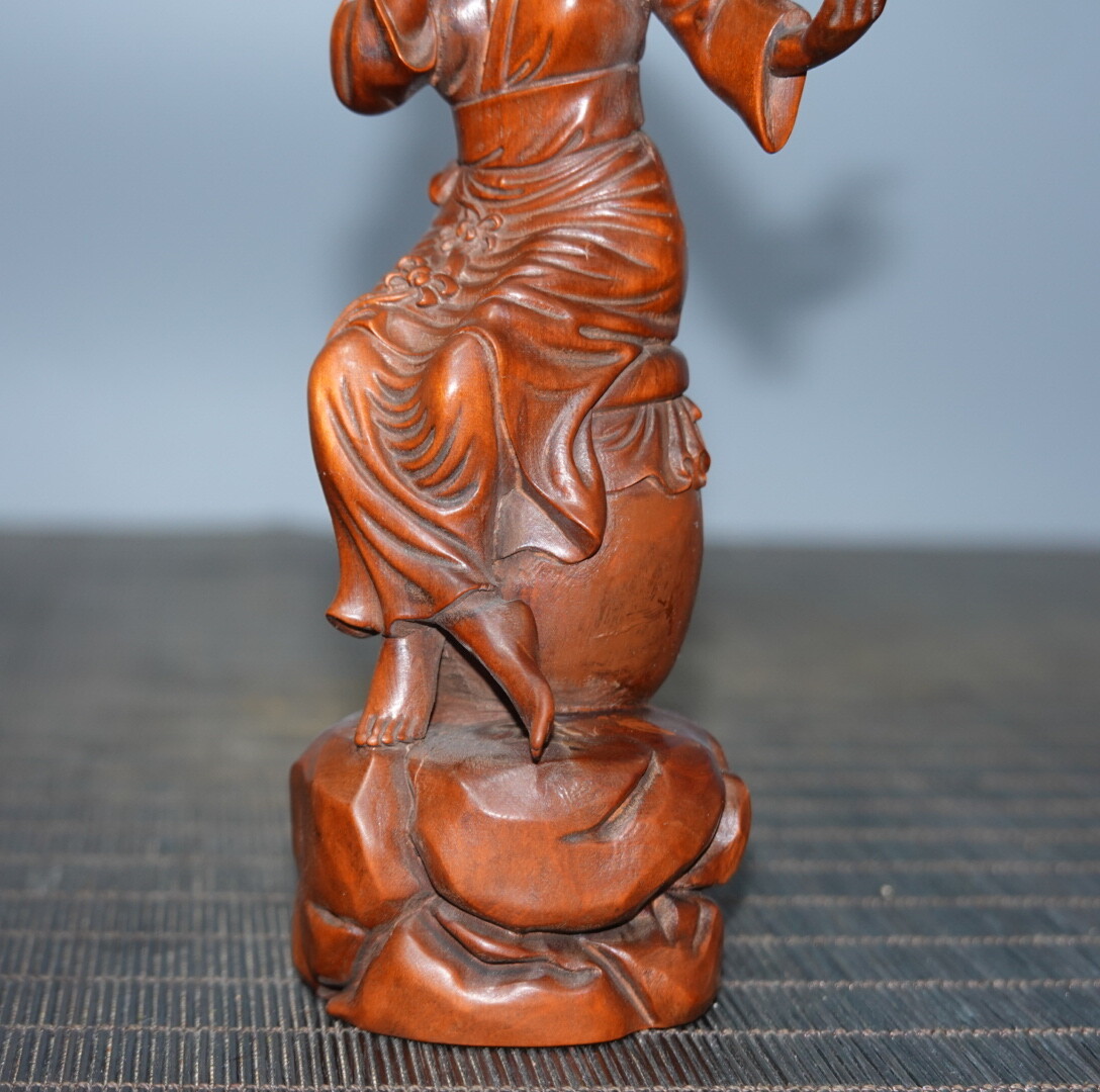 6.3″ Collect China Boxwood Carving Beauty Beautiful Woman Looking Mirror Statue