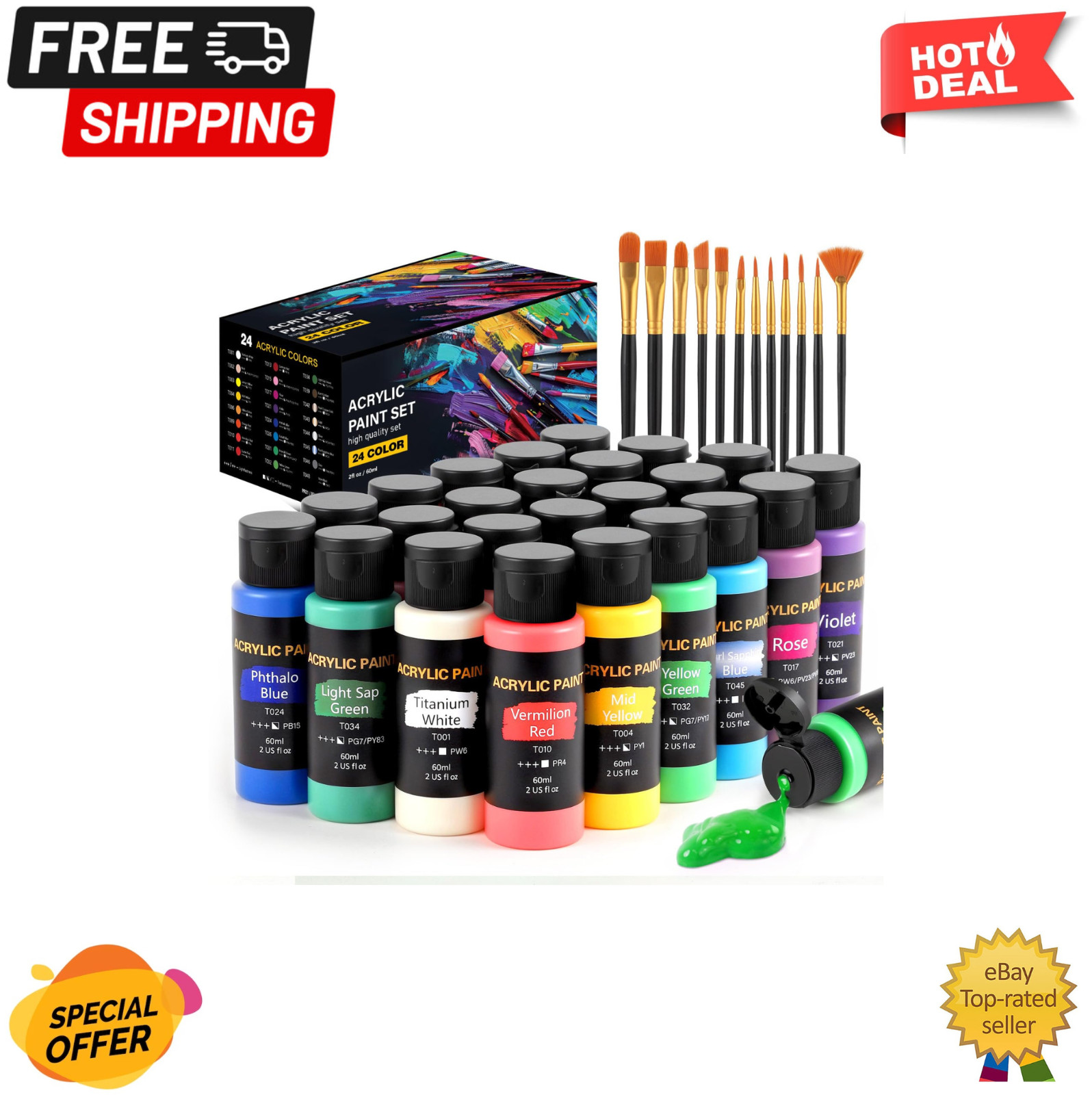 Acrylic Paint Set, 24 Colors 2 oz/Bottle with 12 Art Brushes, Art Supplies for &