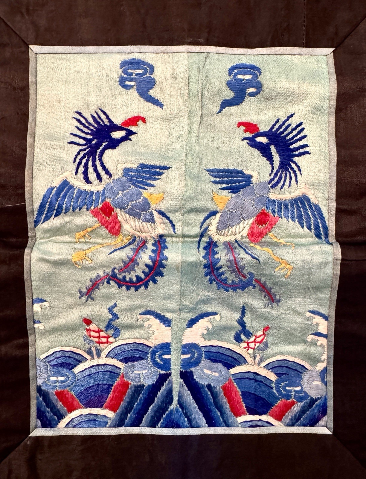 Vtg Antique CHINESE RANK BADGE Embroidery SILK Birds Clouds Mountains 9.5″x11″