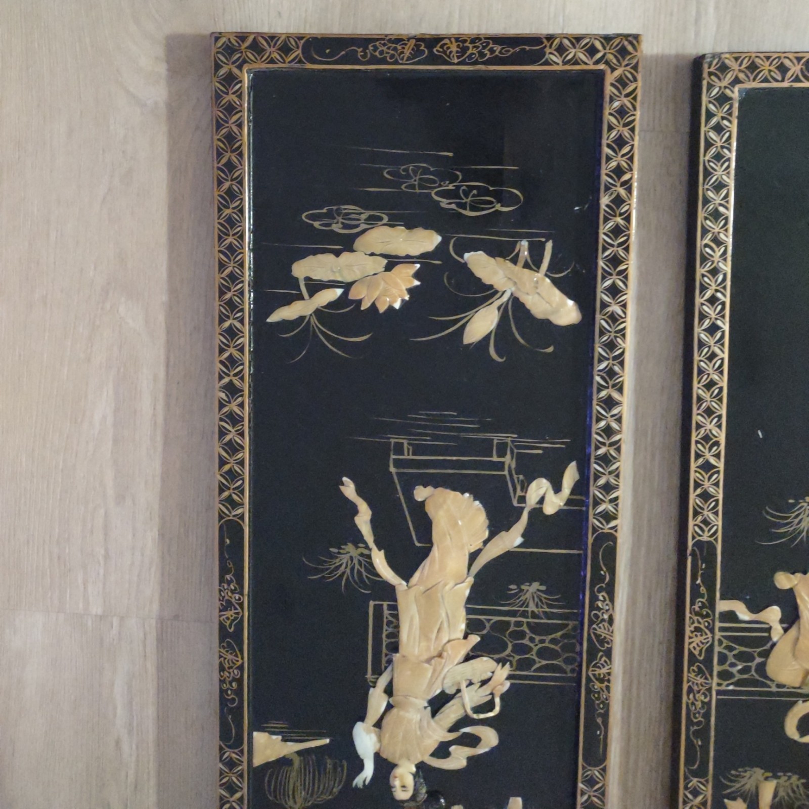 👸🏼💰4 Vintage Black Lacquer Chinese Vietnamese Wall Art Jade