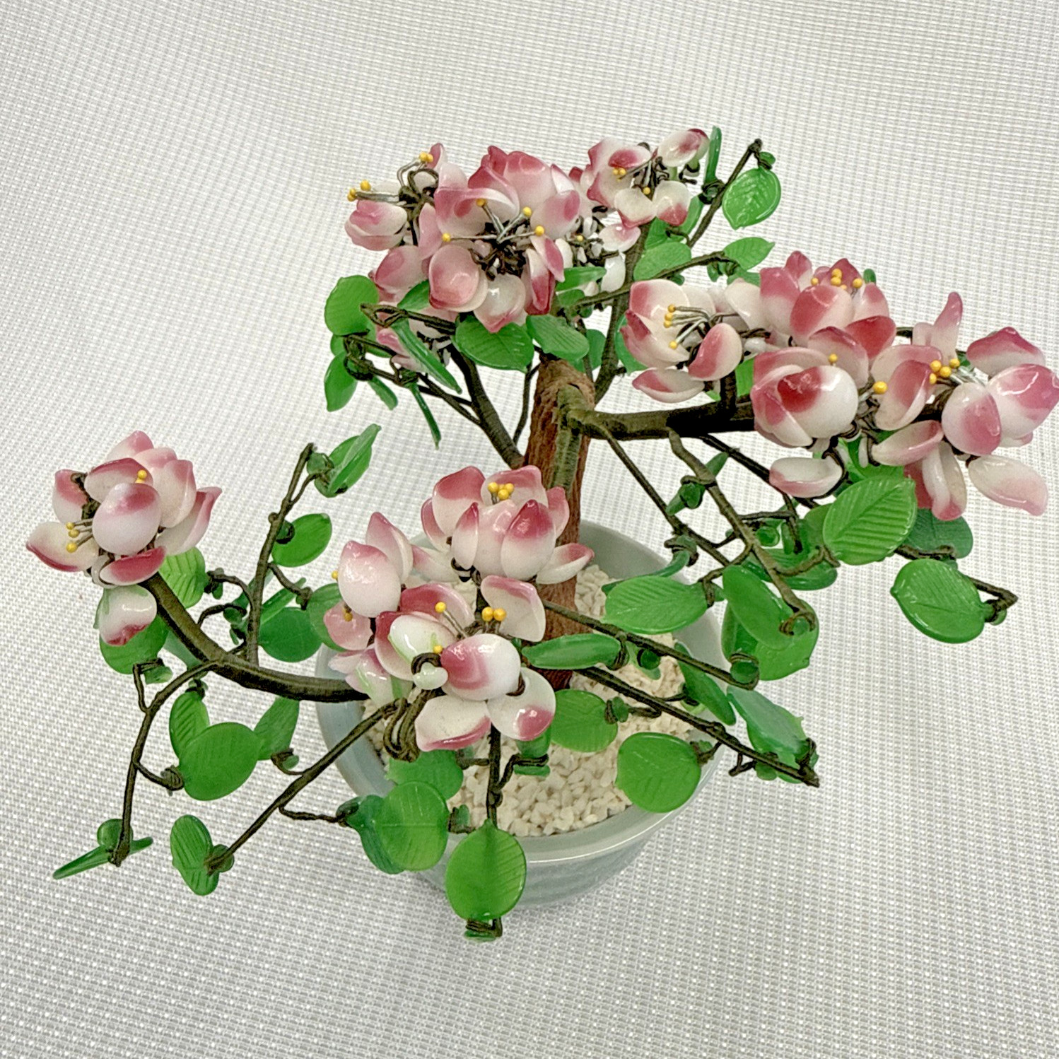 Vintage Chinese Bonsai Cherry Blossom Tree Green Jade-like Glass Leaves