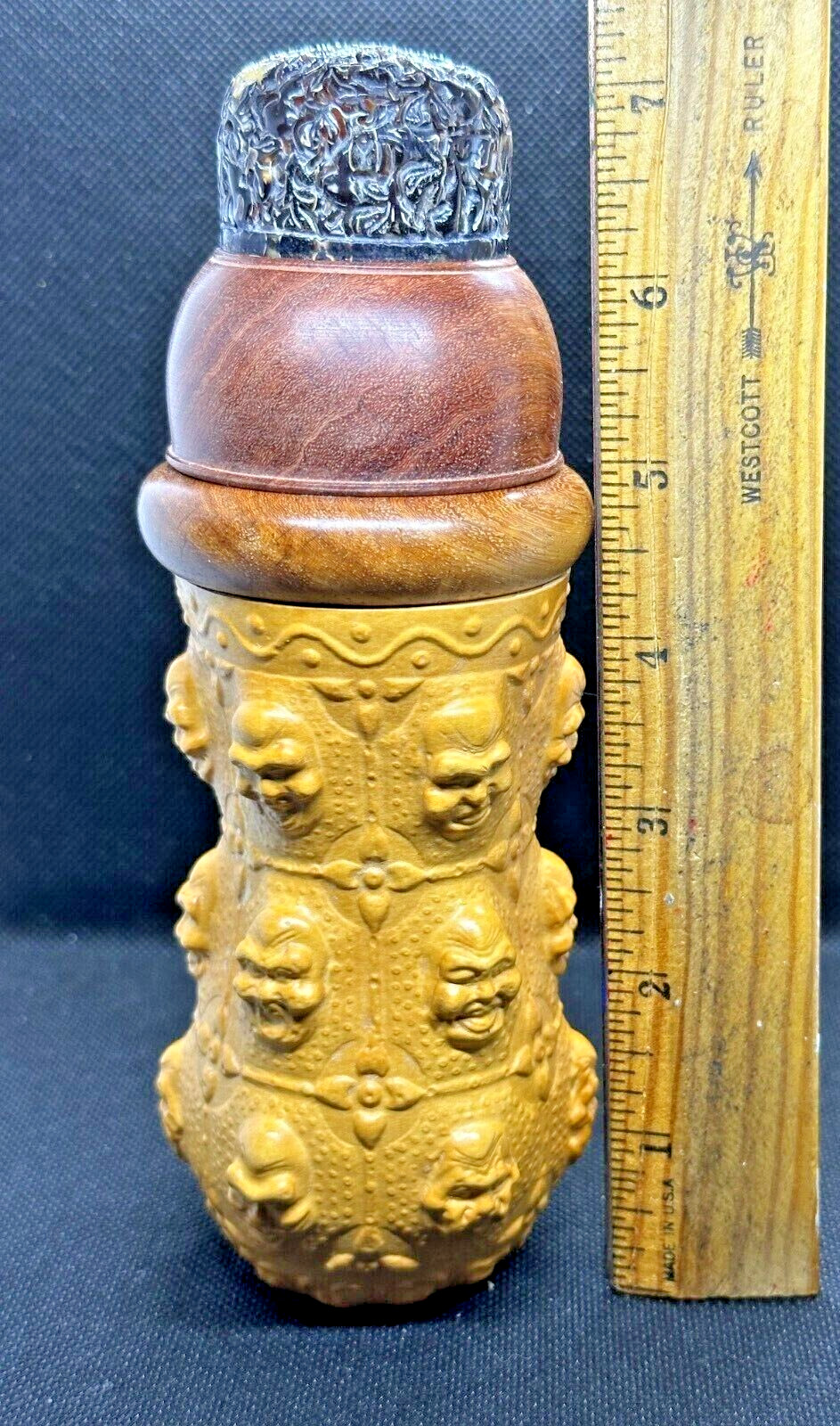 Rare Design Classic Chinese Monk Faces Cricket Container w/Special Carved Cover
