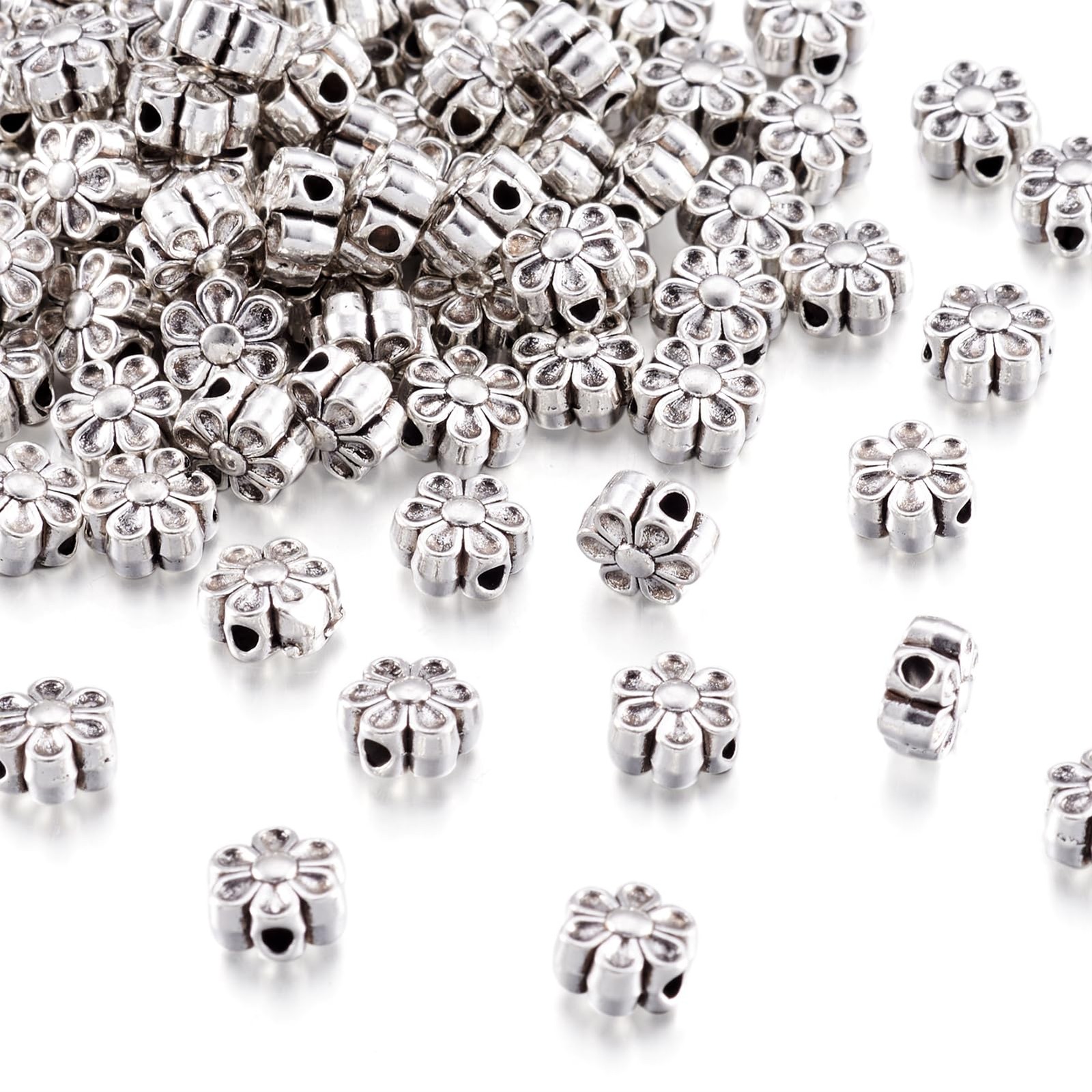 100Pcs Tibetan Silver Antique Silver Flower Bead Spacer Charms for Jewelry Makin