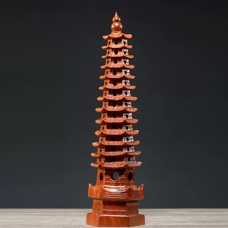 8.7″ Rosewood Carved Wenchang Pagoda Statue Tower Feng Shui Decor