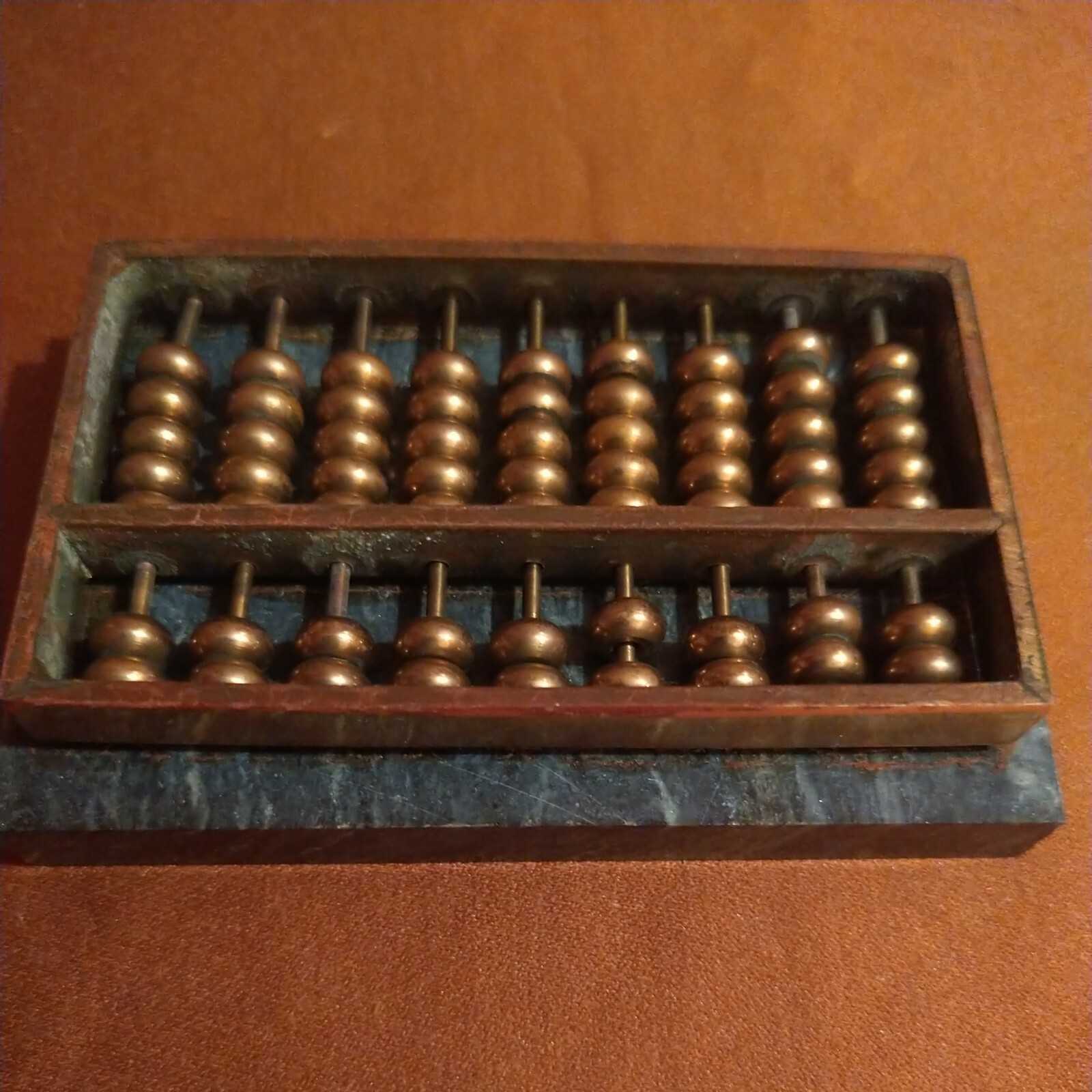 Vintage Chinese Green Marble And Brass Beaded Mini Abacus Math Counting