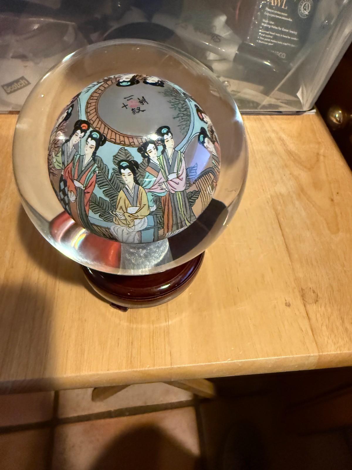 Vintage Chinese Hand Painted Reverse Art 4.5″ Glass Globe On Wooden Stand SIGNED