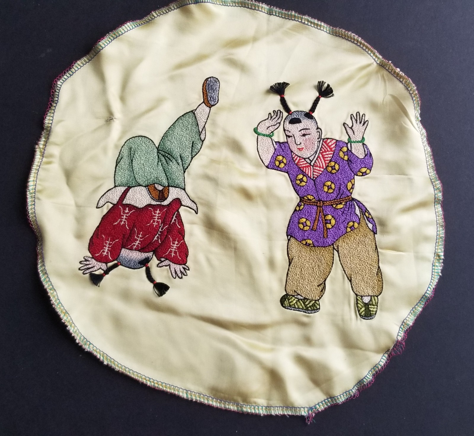 2 Of Chinese Brocade Embroidery Artwork:auspicious kids On Silk 11″ Dia.