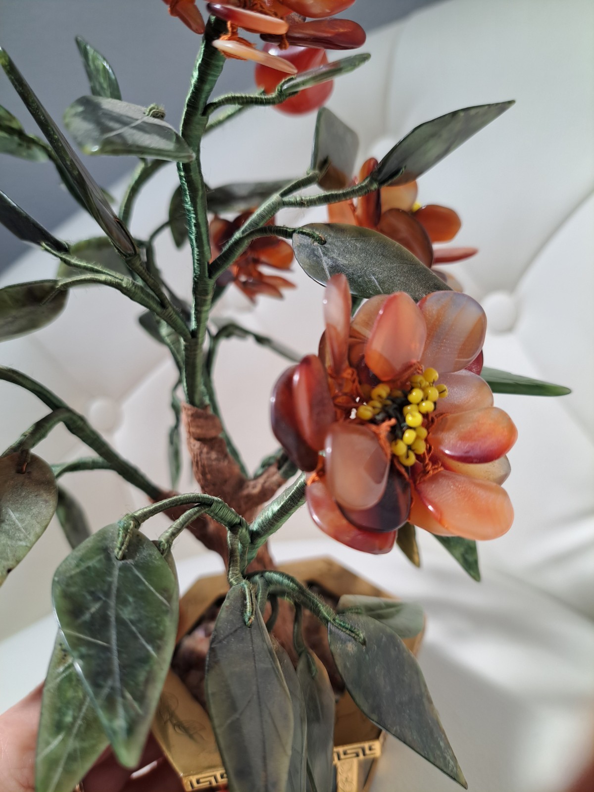 Vintage! Jade gemstone potted flowers With Brass Pot And Jade Decor.