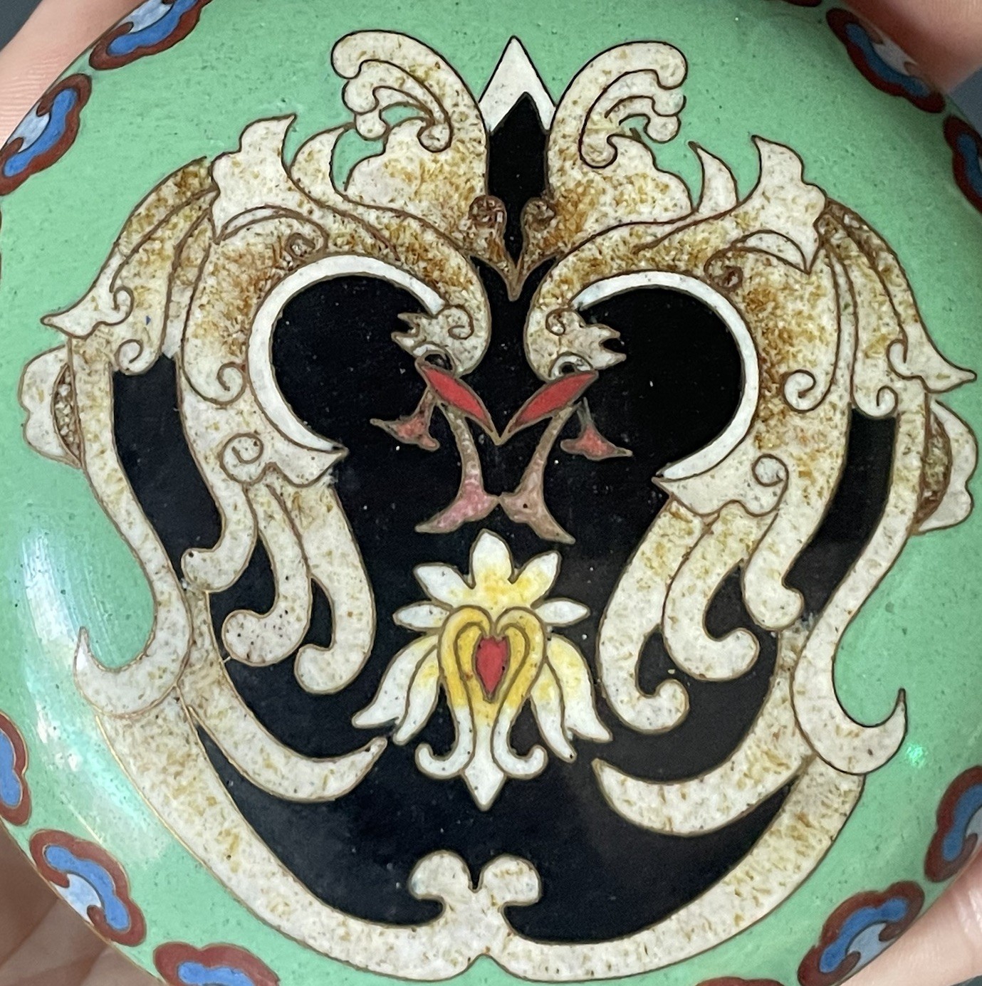20th C. Chinese Cloisonne Phoenix Round Cosmetic Incense Scholar Powder Box