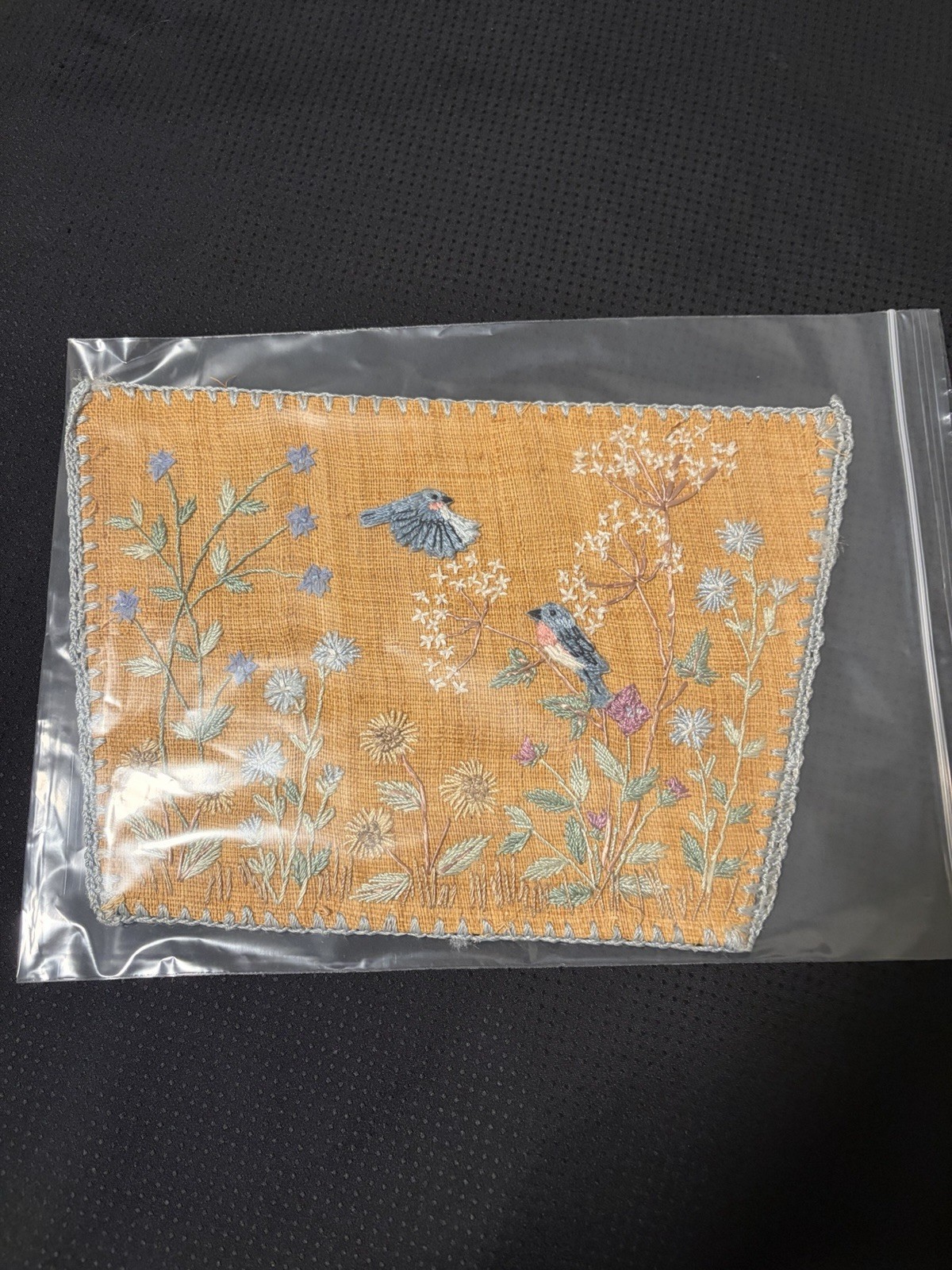 Antique Asian Embroidered Burlap Blue Bird Floral Panel 11″ Micro Bead Hemstitch
