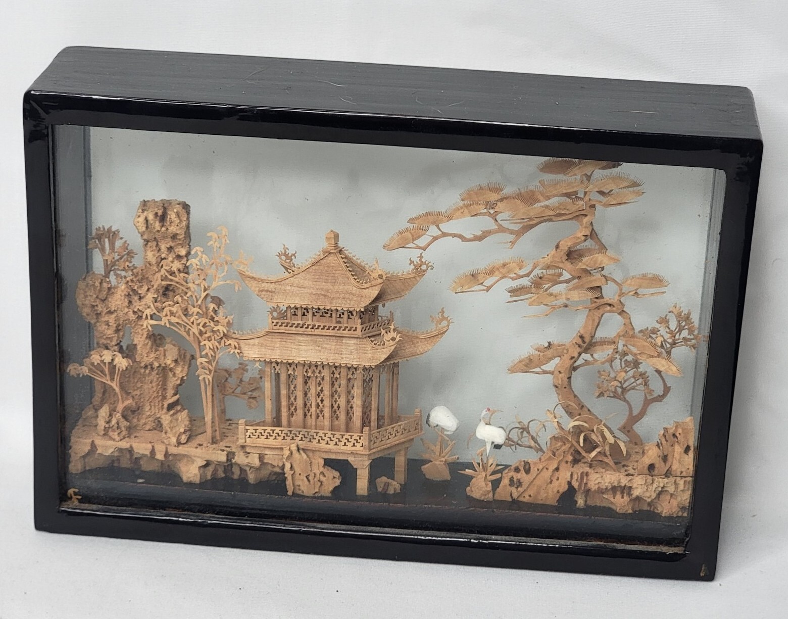Vintage Small Chinese Hand Carved Cork Art w/ Storks & Pagoda Scene 3D Diorama