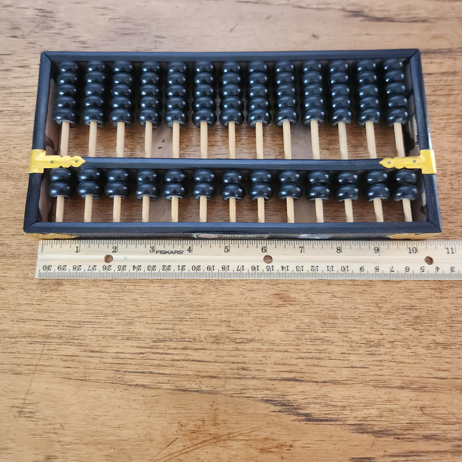 Vintage Lotus Flower Brand Chinese Abacus 13 Rods 91 Beads Wood Brass Suanpan