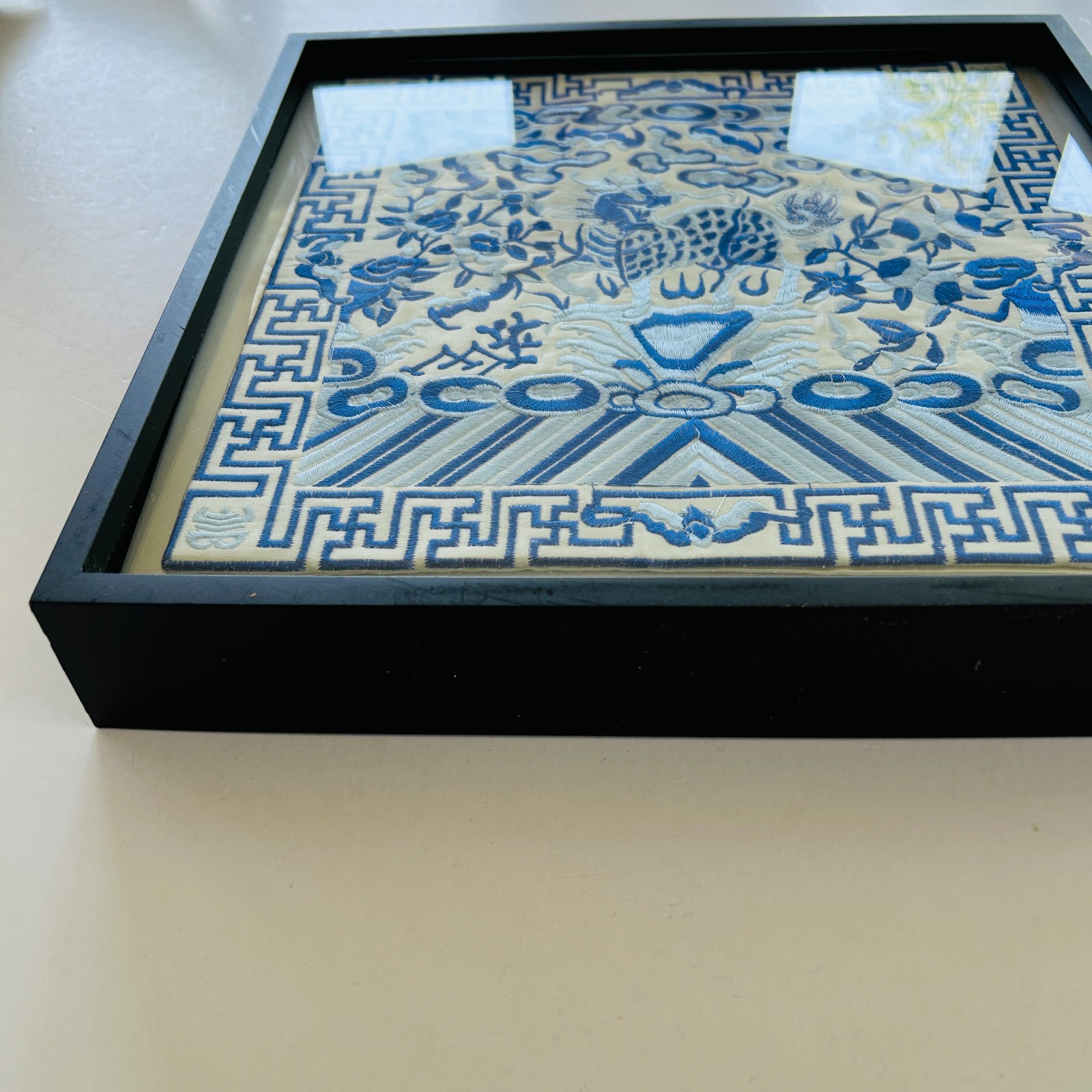 Shadow Box Framed Chinese Silk Embroidered Dragon Mat 12.5 in Square Wall Art