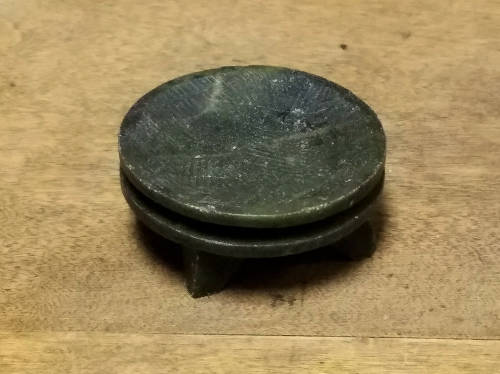 Small Dark Olive Green Jade Round Display Stand Base Cone Incense Burner 2″ (5)