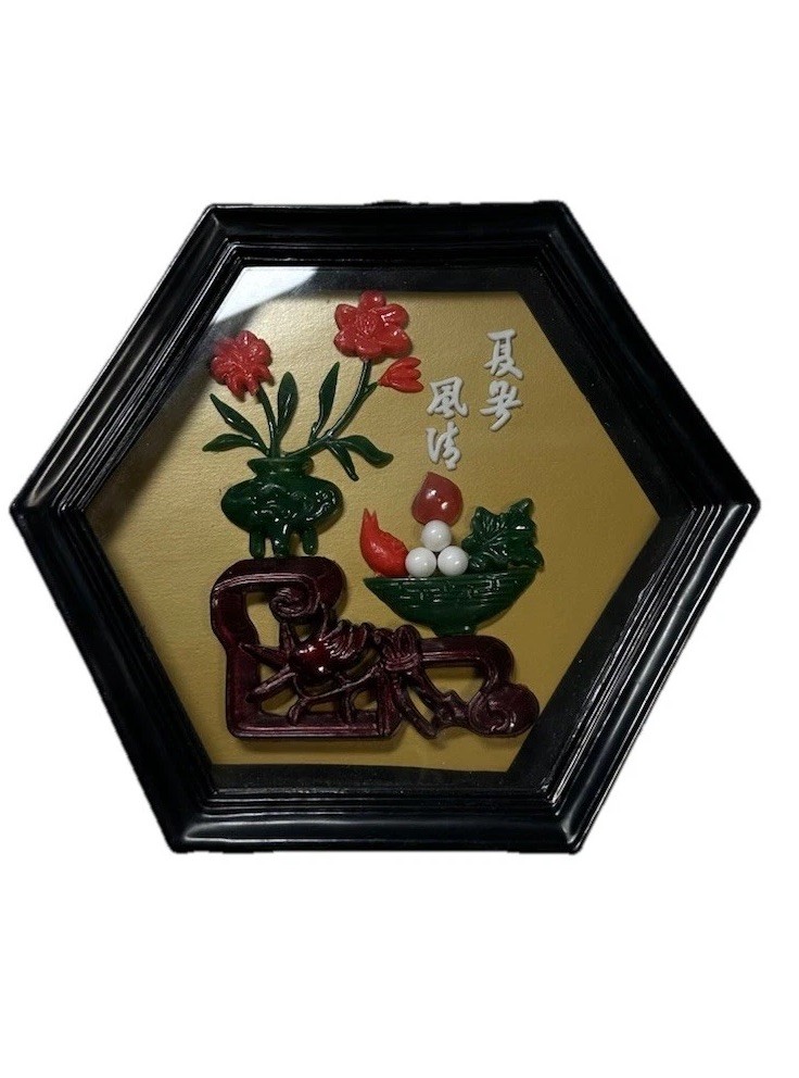vintage Chinese imitation jade and coral 3D shadow box art plaque
