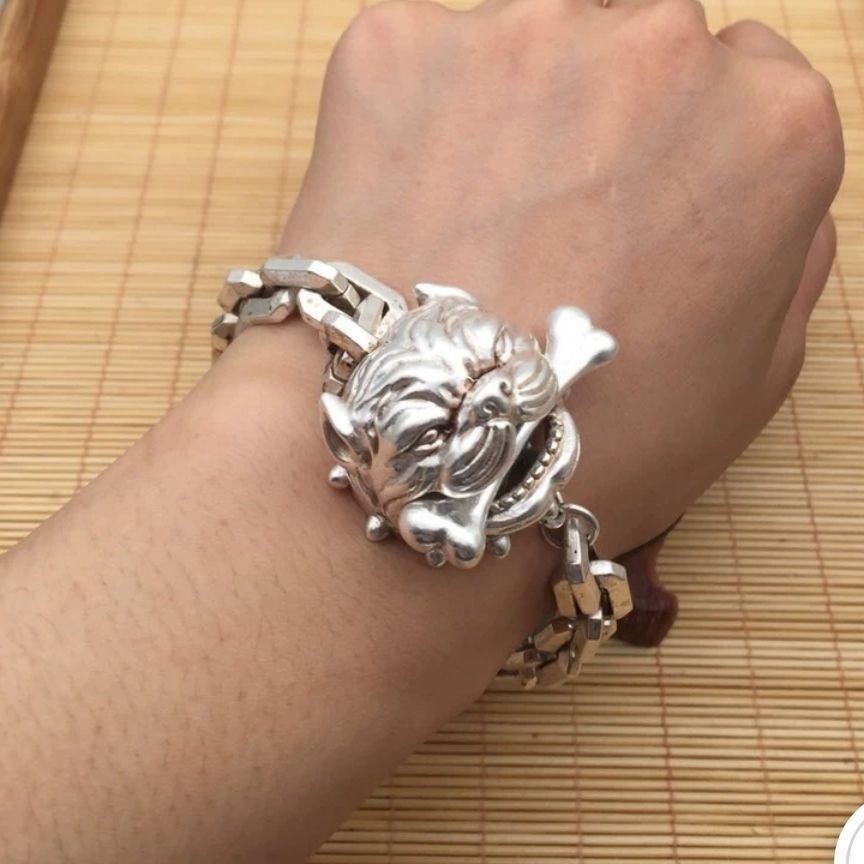 Silver Plated Alloy Men Bracelet Dog Head Bite Bone Punk Style Fashion Jewelry
