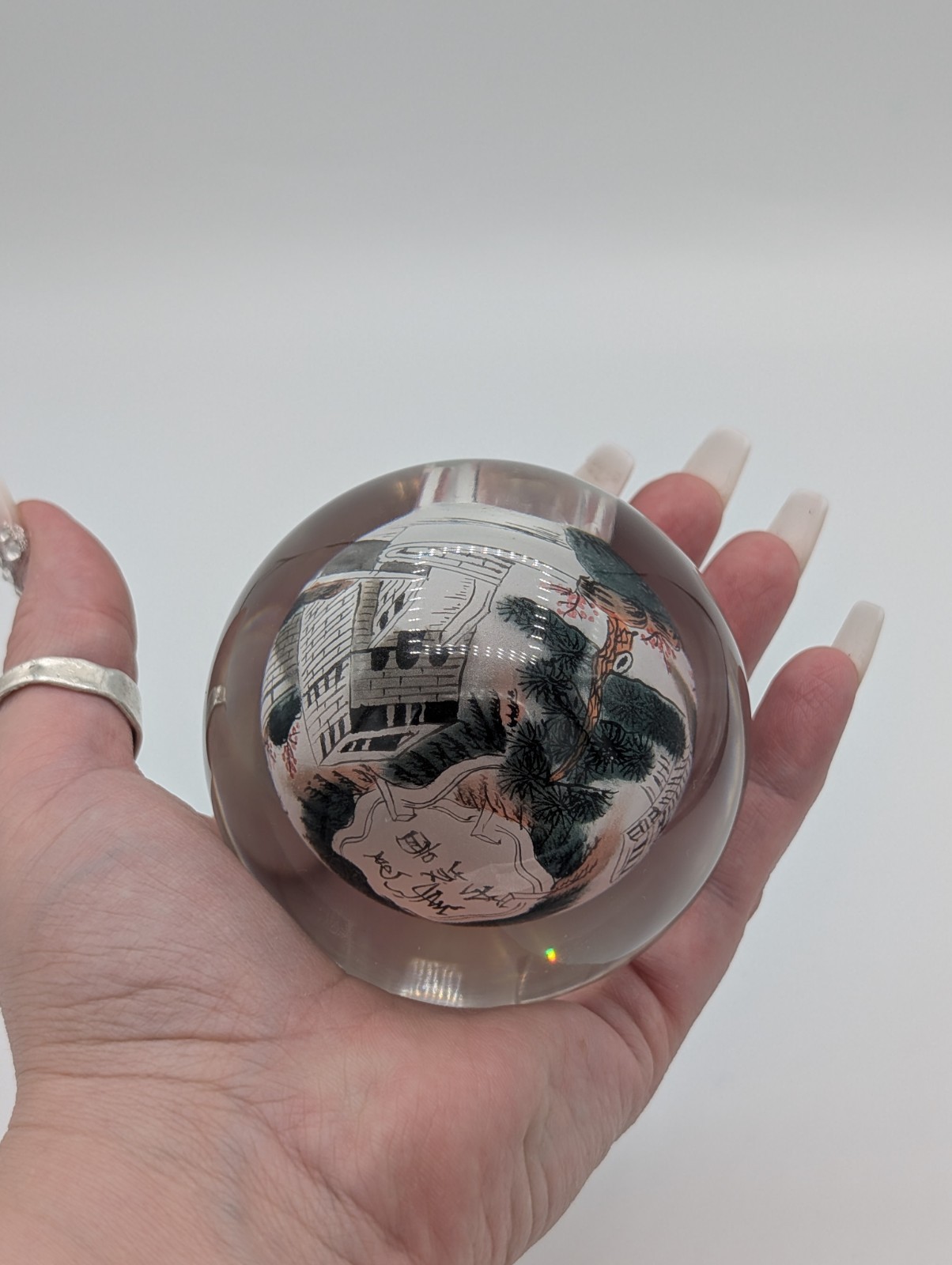 RARE Vintage Chinese Reverse Painted Glass Sphere Paperweight 3.5″ Unique Art