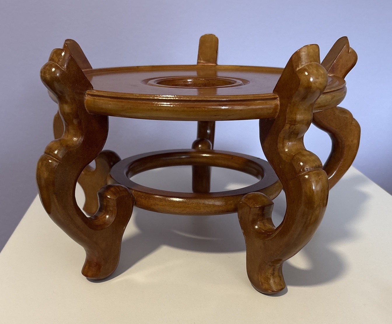 Carved Wood Plant Stand Display Honey Brown Vase Fish Bowl Asian Oriental 10”