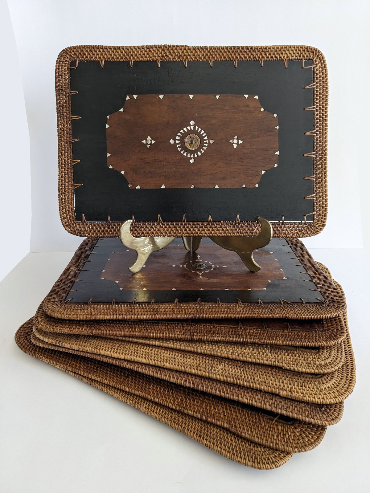 Vintage Mid Century Rattan Wood Placemats Shell Inlay Chinese Coin Boho Set of 8
