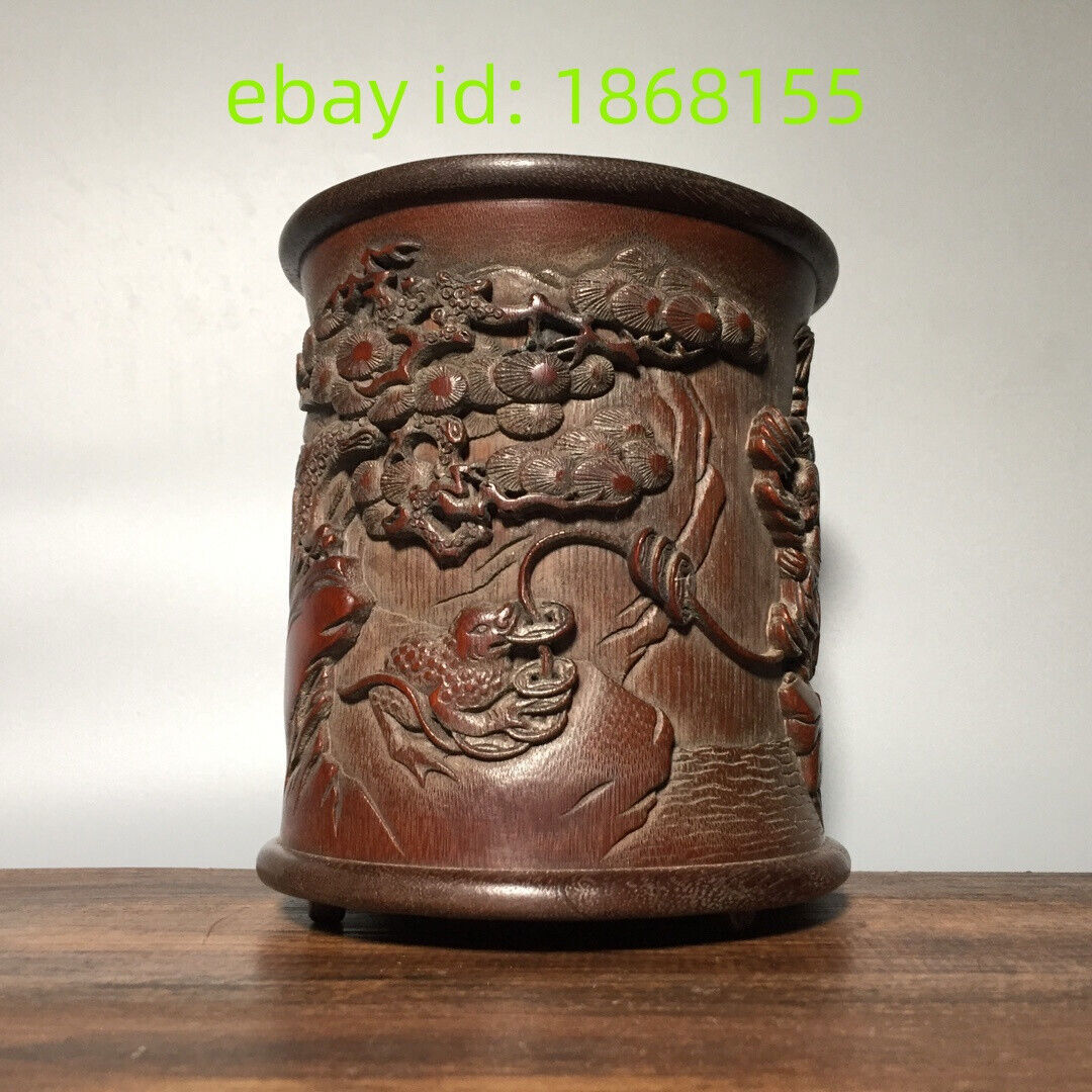 6.3″ Noble old Hand-carved Liu Hai Play Golden Toads statue bamboo Pen Brush pot
