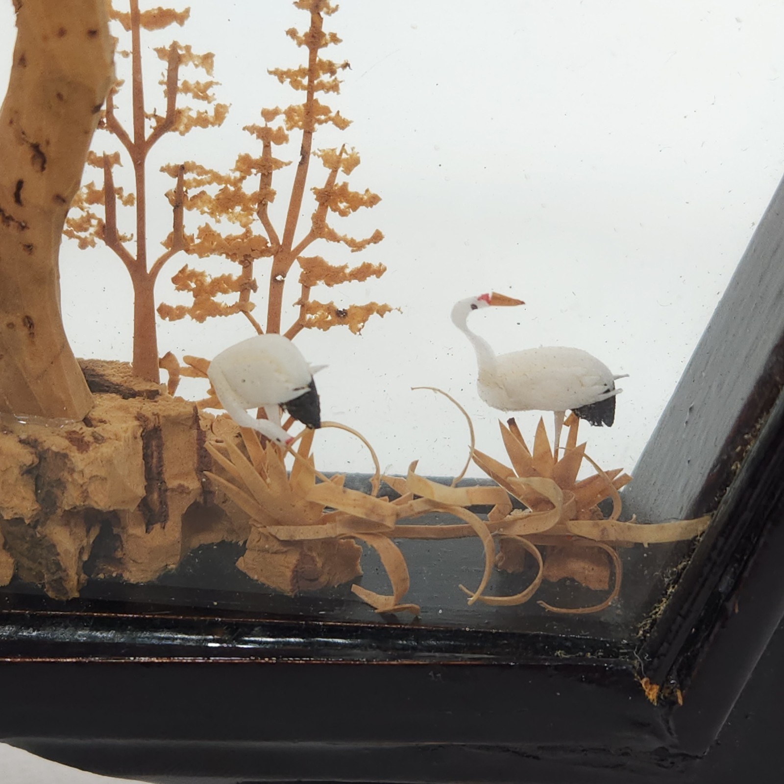 Vintage Chinese Diorama Cork Carving Glass Case Pagoda Trees Cranes