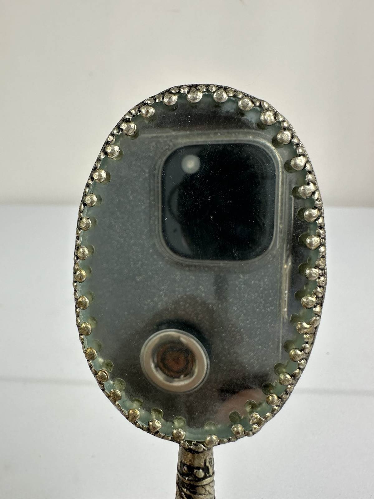 Chinese Decorative Small Hand Mirror w/ Green Stone Handle & Porcelain w/ Birds