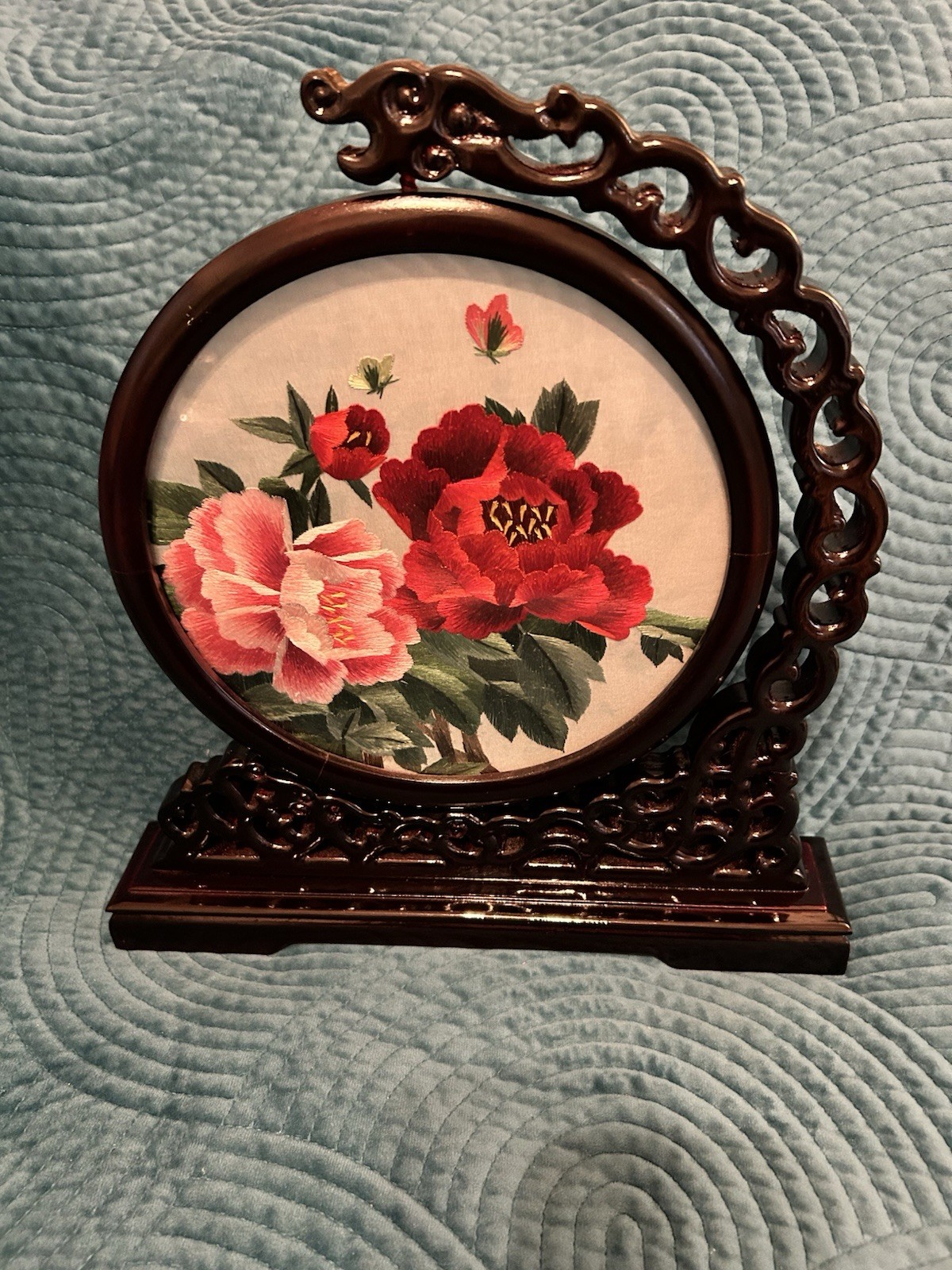 Victorian Asian Silk Roses Double Sided Hand Carved Wood Rotating Round Frame