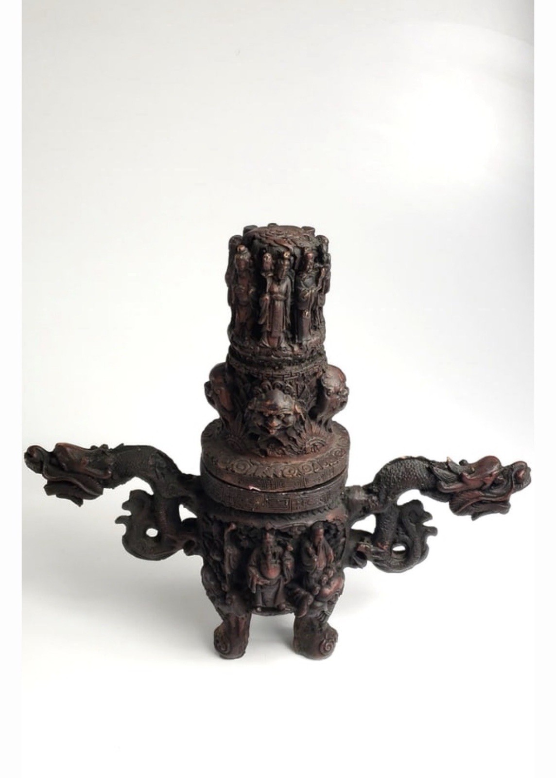 Antique Resin Carved Oriental Incense Burner? with Dragons and Figurines