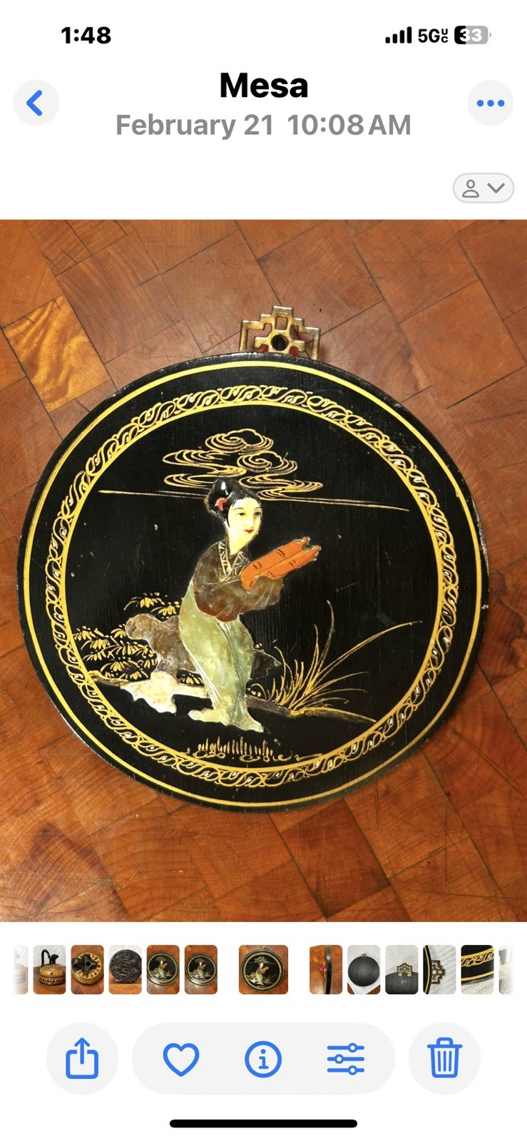 VTG Japanese Round Blk Wood Crafted Lacquered Plaque with Inlaid Stones W/Girl