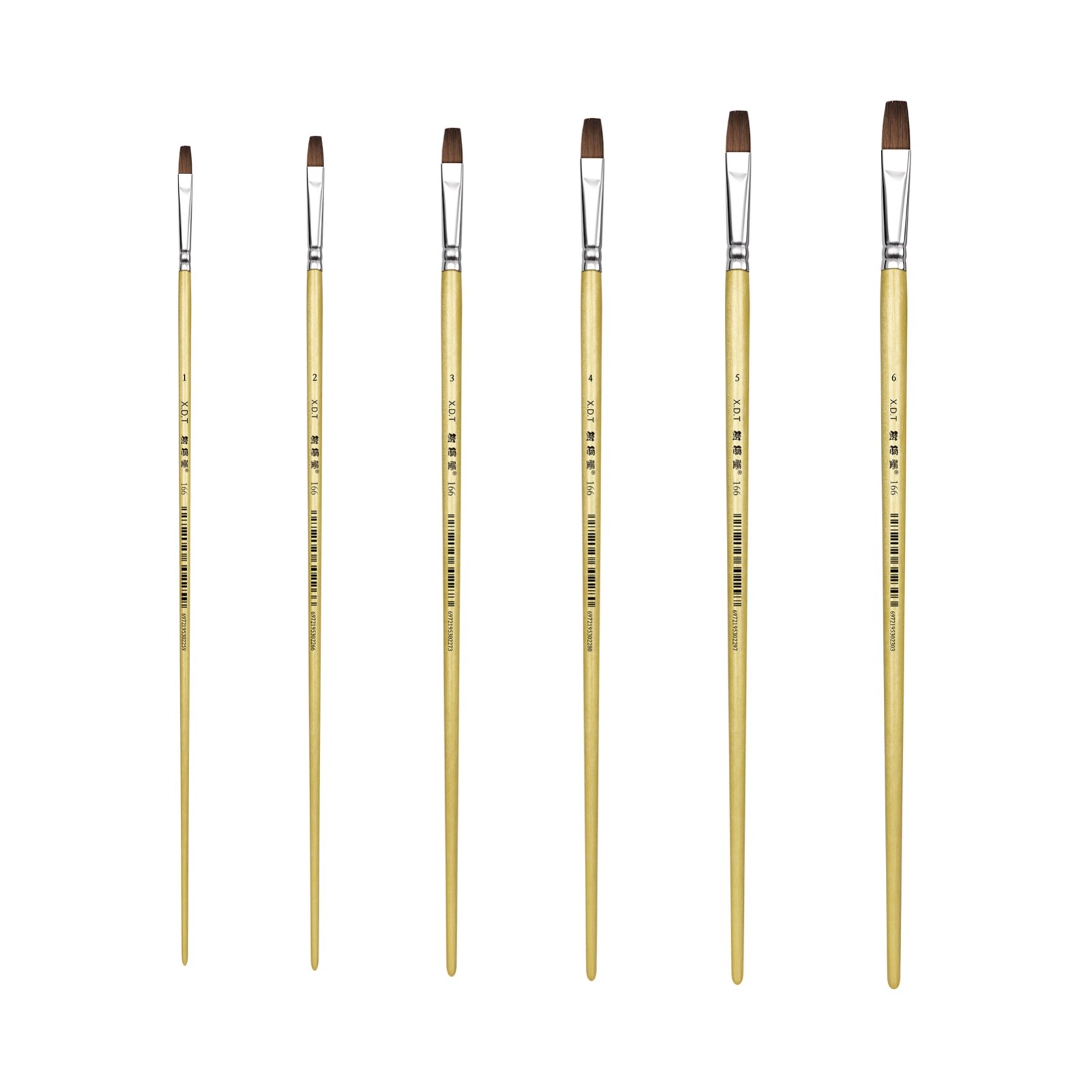 XDT#166-1 Bright Art Brush Set 6Pc #1#2#3#4#5#6 Red Sable Acrylic Oil Watercolor