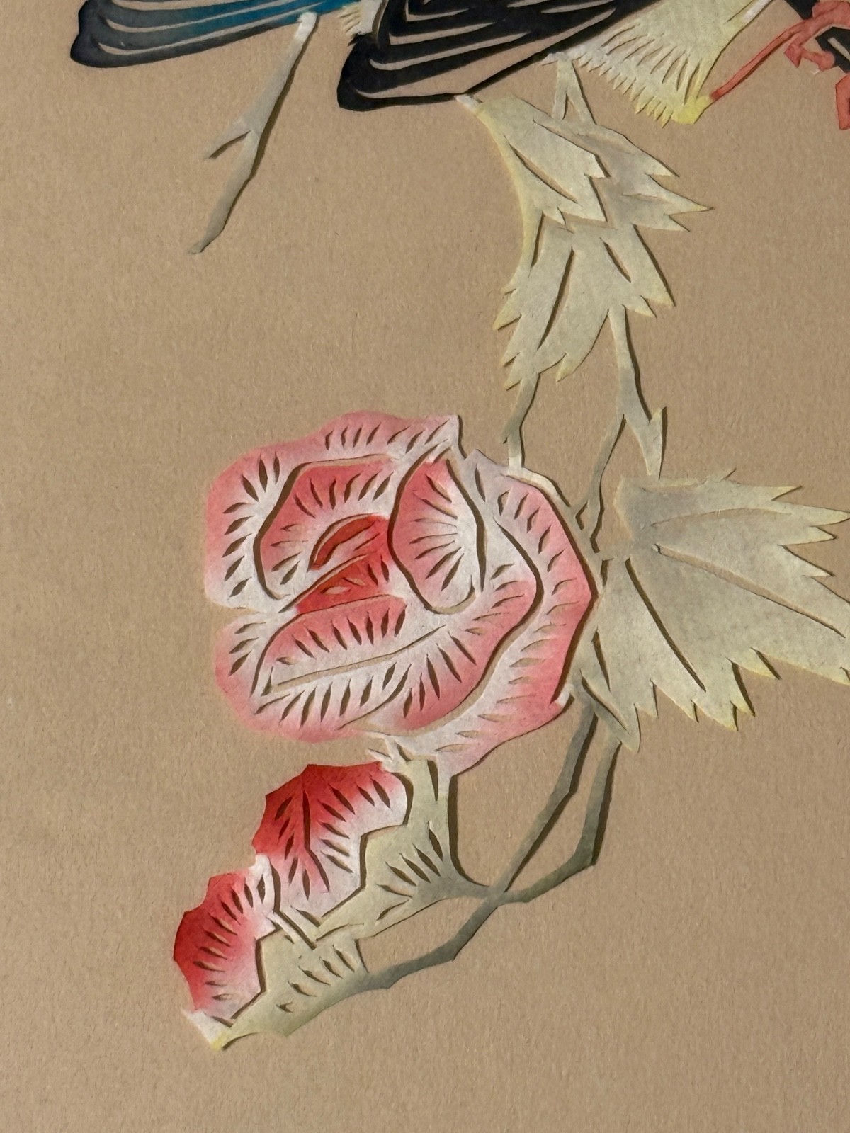 Vintage Asian Hand-Cut Bird & Flower Gouache Painting – Mid-Century Chinese ART