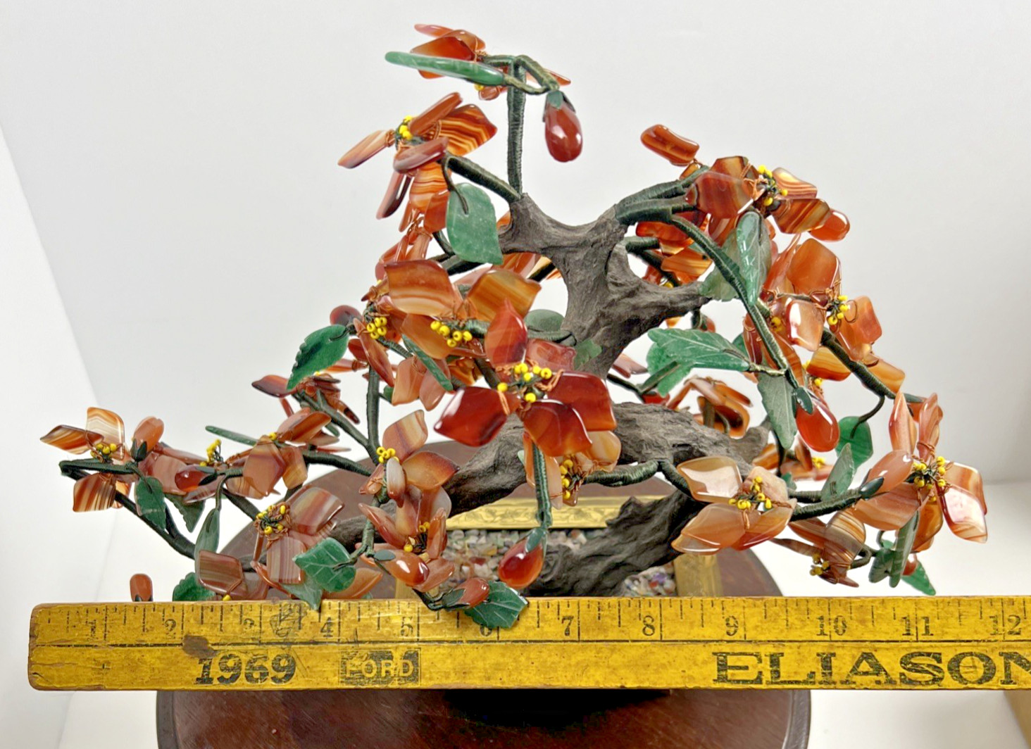 Vintage Carved Jade Tree Bonsai Flowers Brass Pot Agate Carnelian Fall Colors