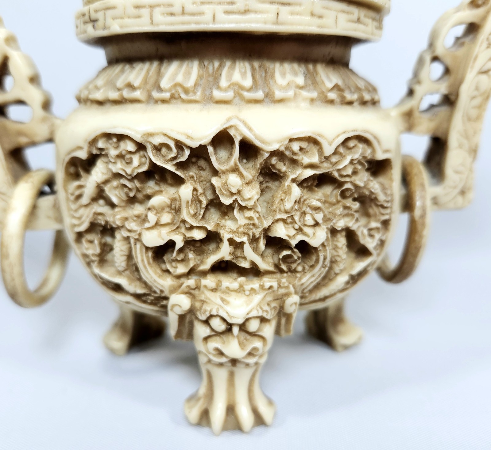 Vintage Chinese Dragon Carved Incense Burner with Lid | Resin? 5.5″