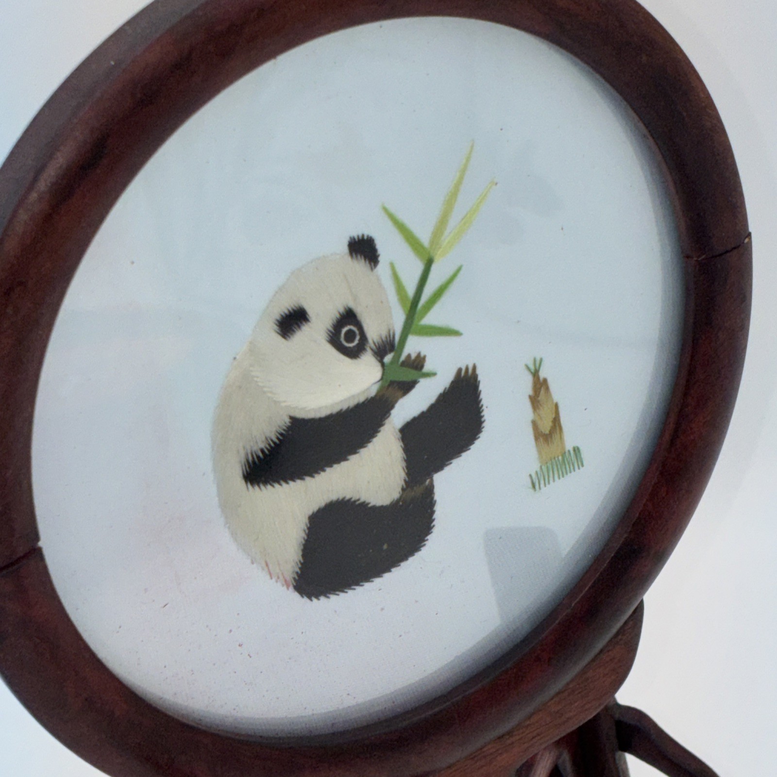 ASIAN Chinese Panda Double Sided Silk Embroidery Wooden Screen – Read
