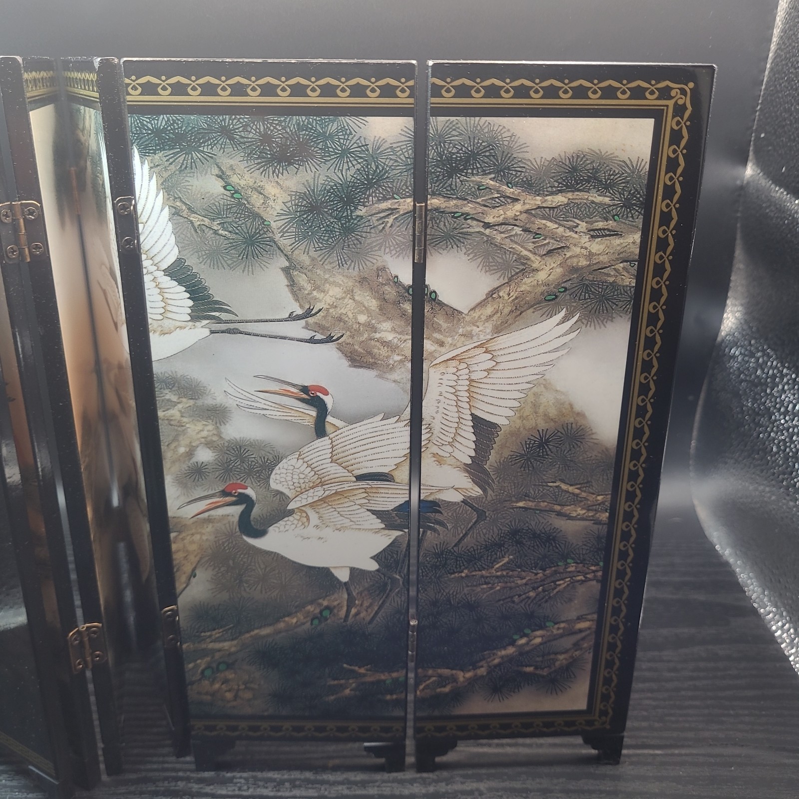 NEW Cranes And Pine Black Lacquer Small Panel Imitation Screen 18.6 In.