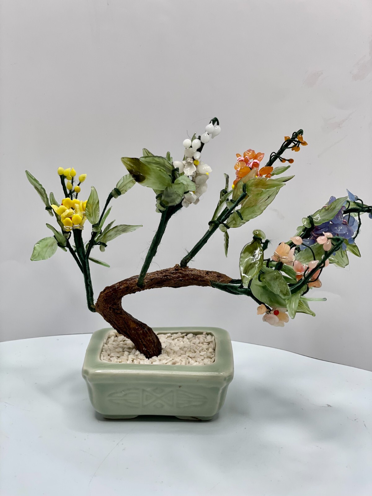 1960’s Hand Carved Chinese Jade Agate Stone Glass Bonsai Multicolor Mineral Tree
