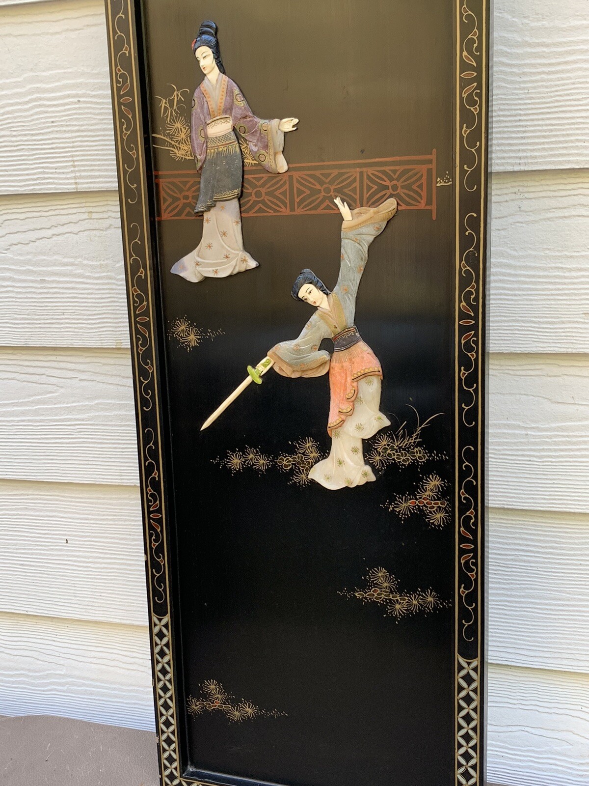 Vintage 1960’s Oriental Chinese Black Lacquer 3D Geisha Girls Wall Plaques