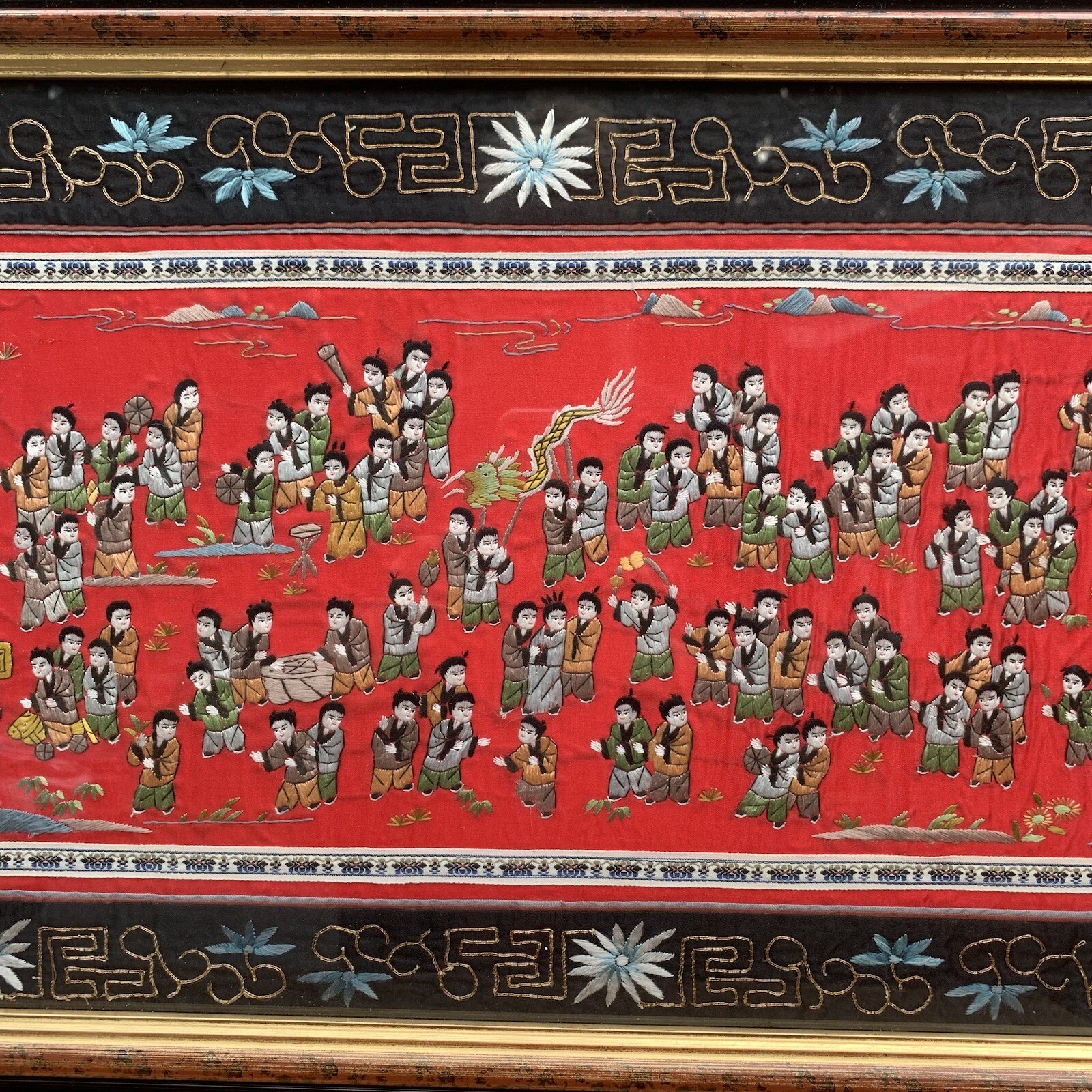 Chinese Silk Tapestry 100 Children At Play Embroidery Framed Art 14.5” x 27”