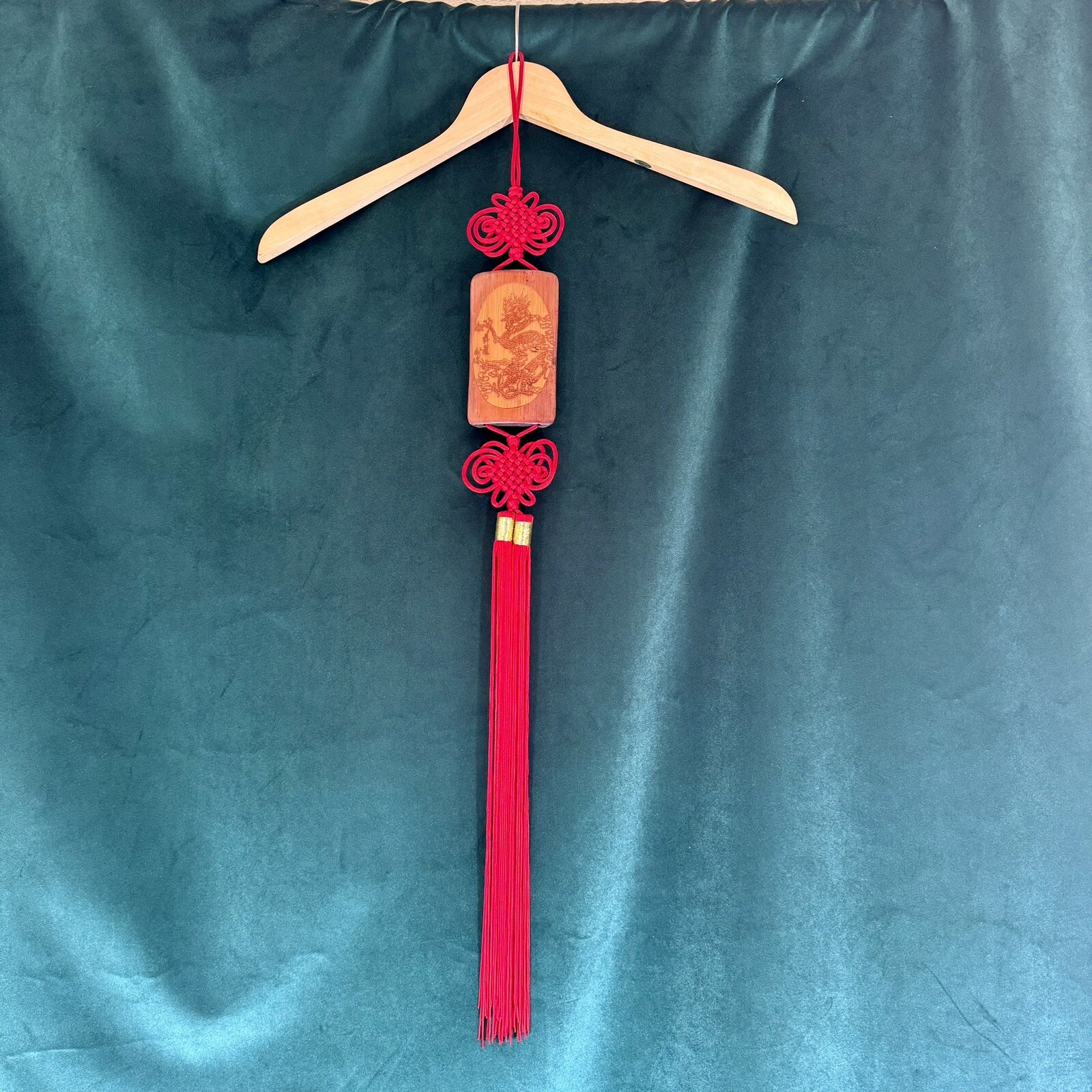 Chinese Hanging Art With dragon Wood & Red Tassel 31” Long Oriental