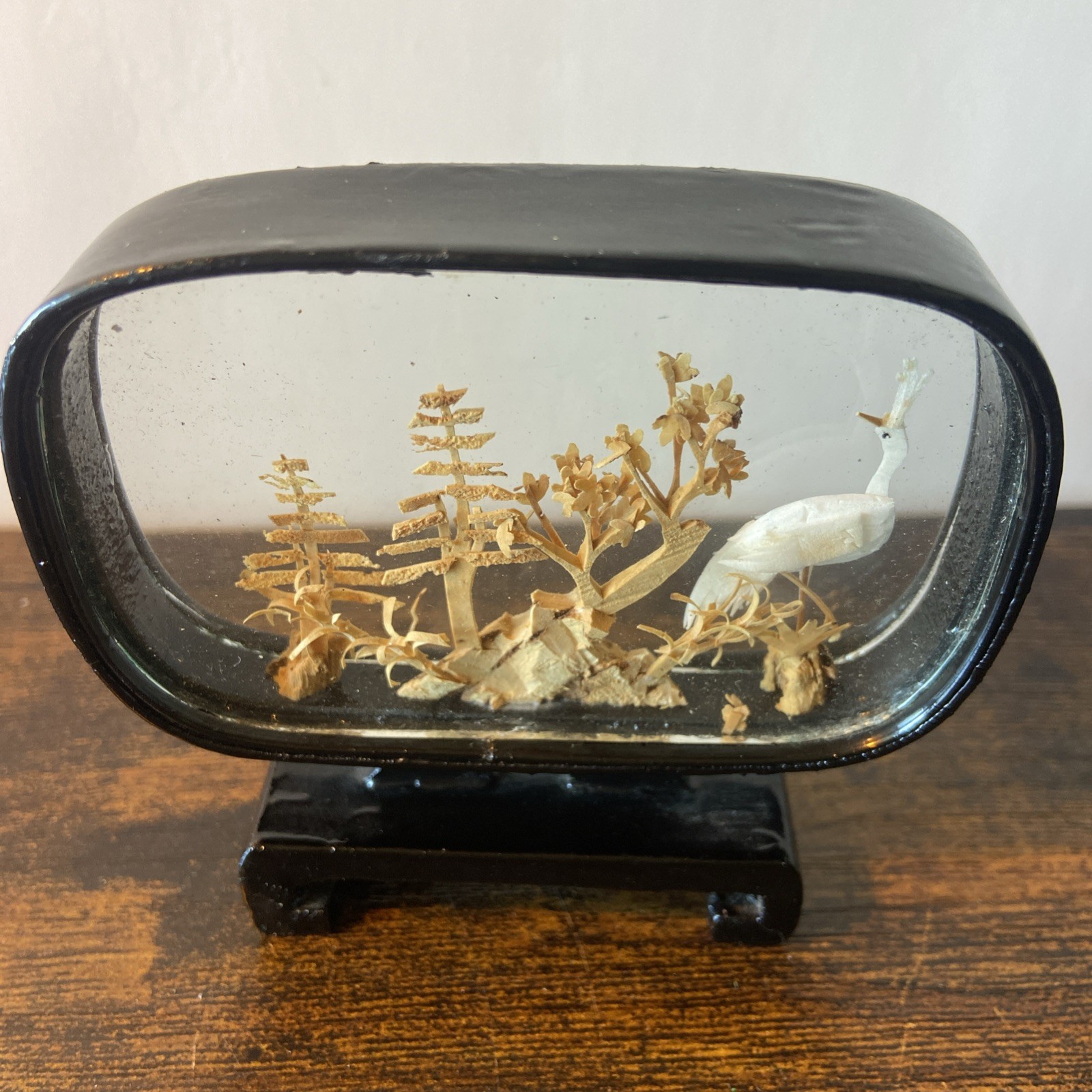 Vtg. Carved Cork Chinese Art Diorama with Cranes Pagoda and Trees Black Lacquer