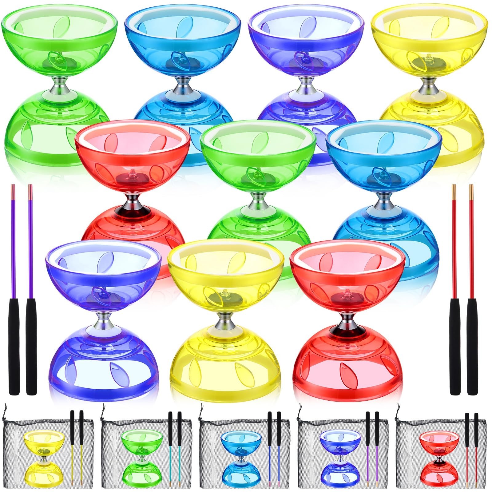 5 Set Chinese Diabolo Triple Bearing Yoyo 5” Multi-Color with Sticks & Bags