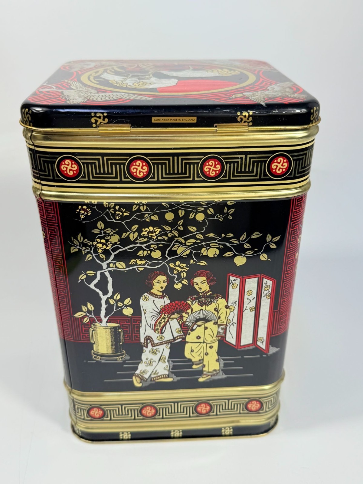 English Tea Tin Caddy Vintage 1970s Chinese Hinged Lid Black Red Gold Cranes Asi